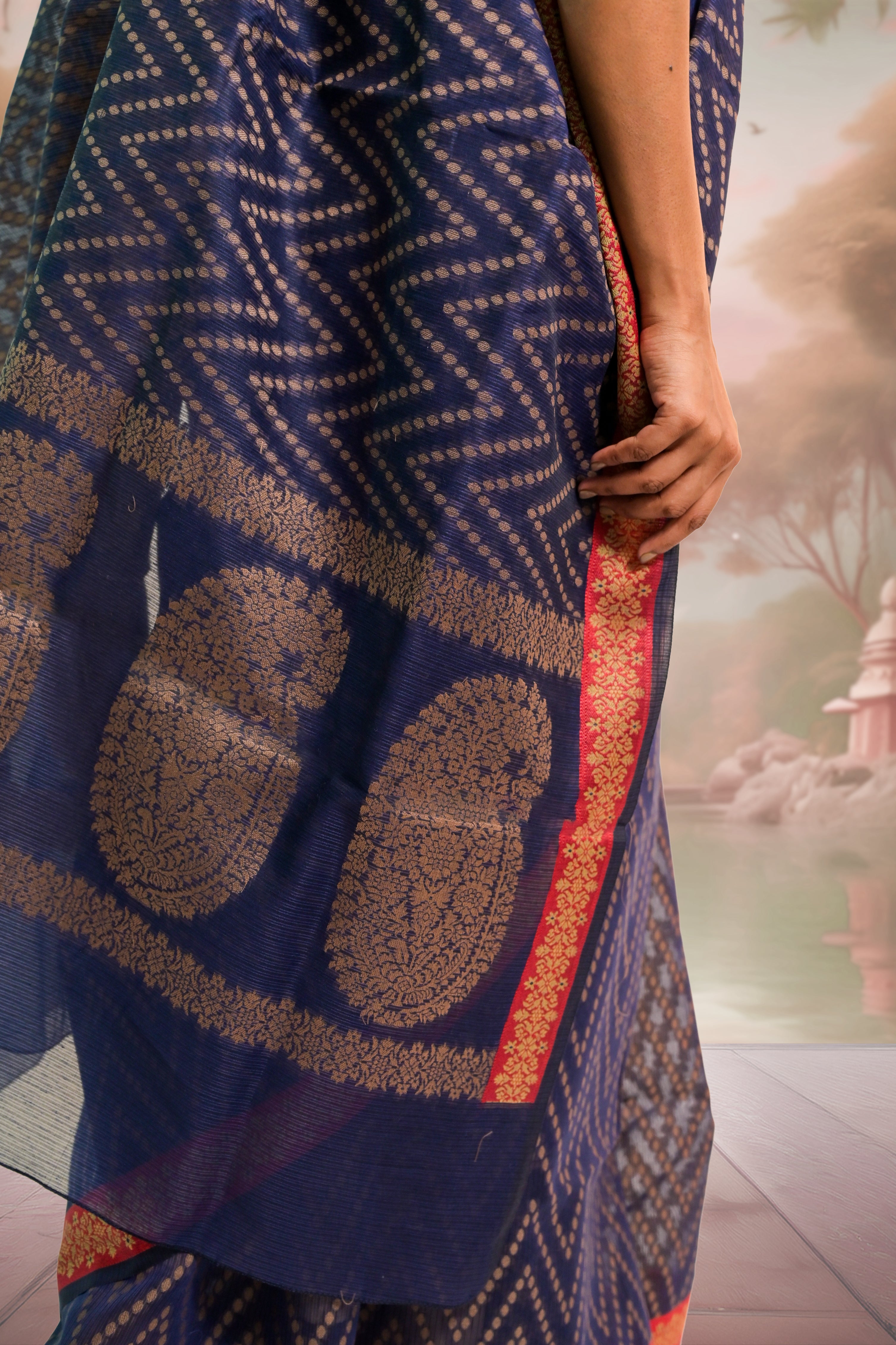 Dhwani I Navy Blue Handloom Cotton Saree with Floral Banarasi Border