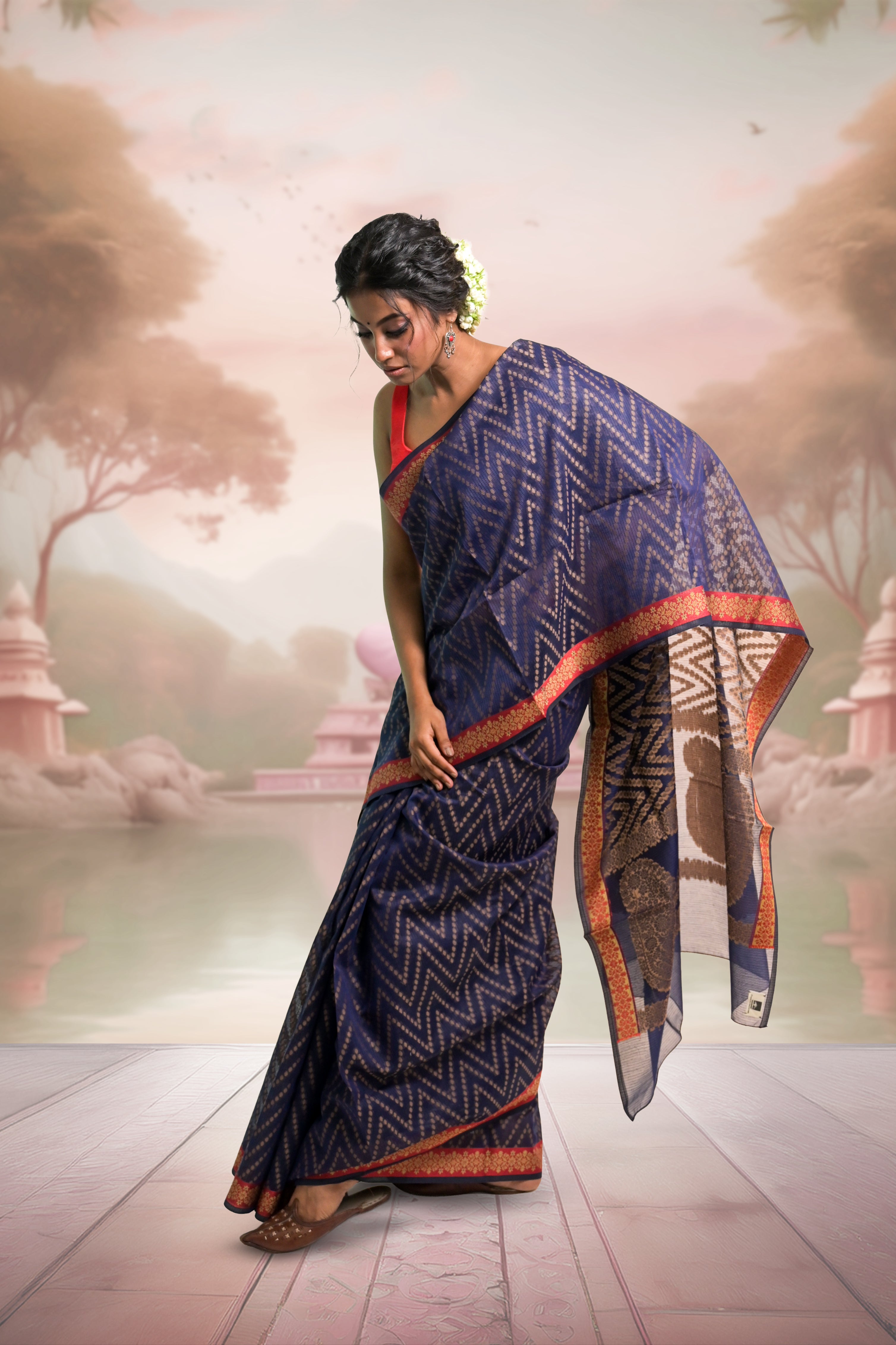Dhwani I Navy Blue Handloom Cotton Saree with Floral Banarasi Border