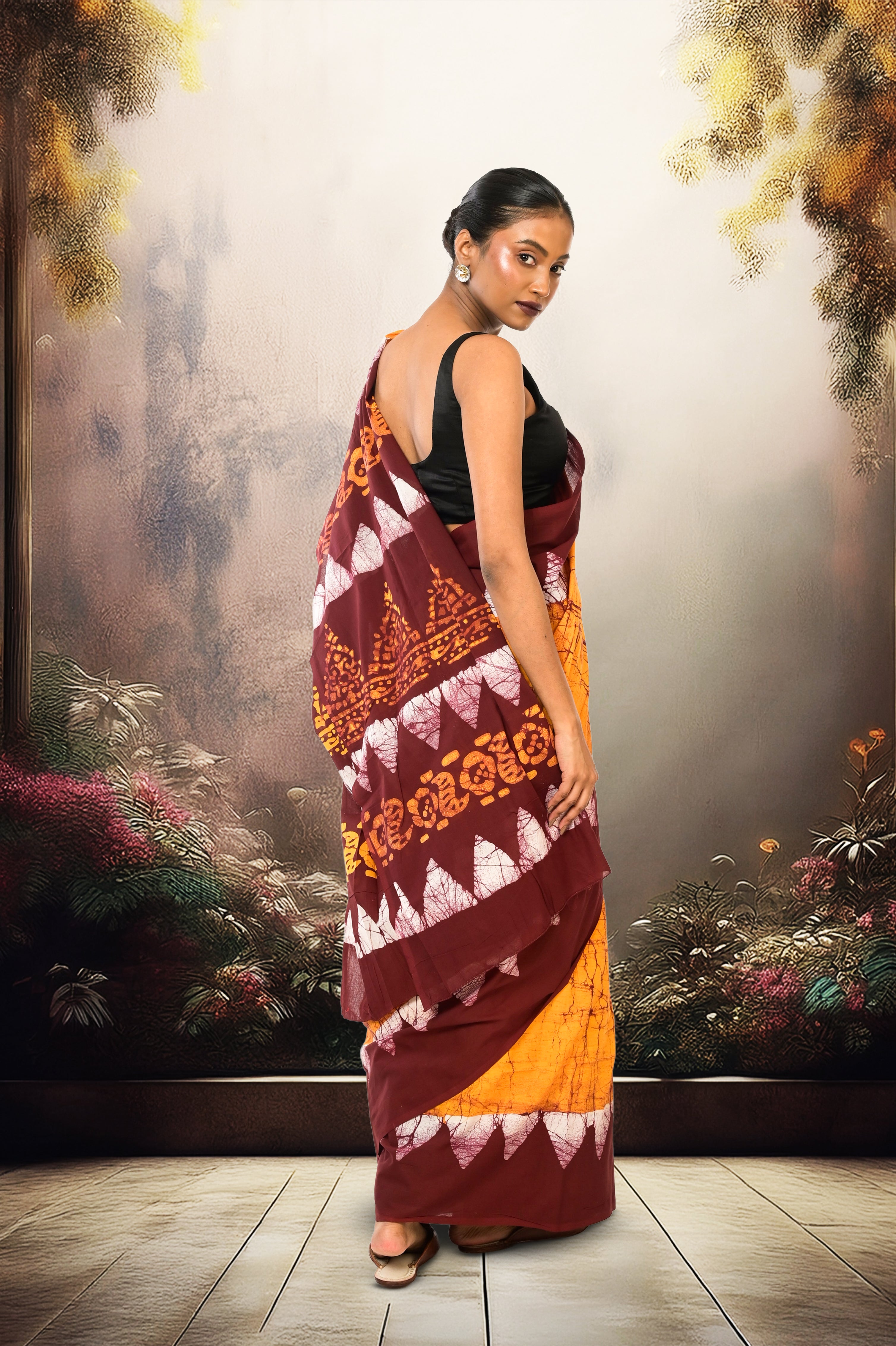 Dishani I Golden Yellow Handloom Batik Printed saree with maroon border