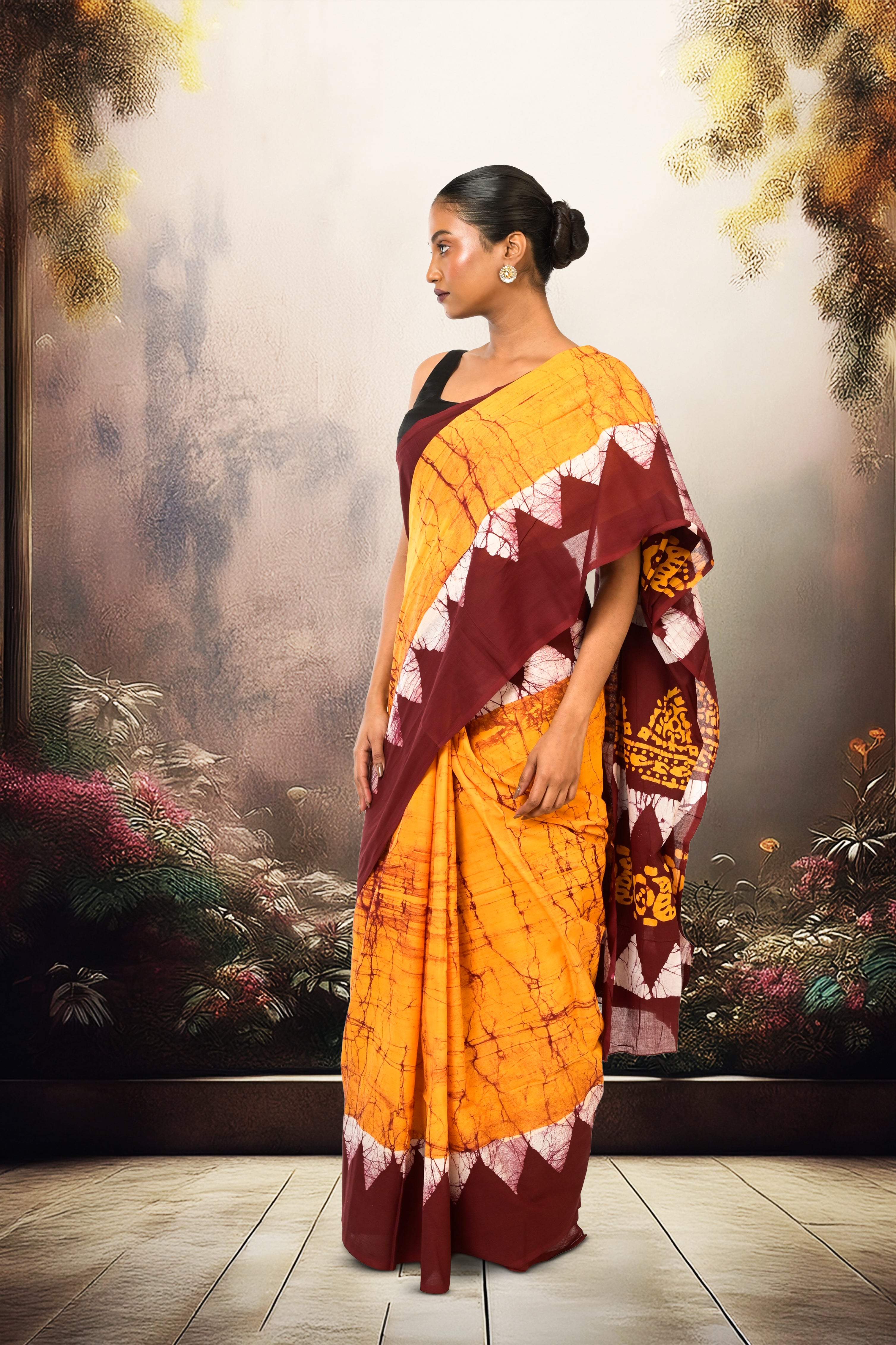 Dishani I Golden Yellow Handloom Batik Printed saree with maroon border