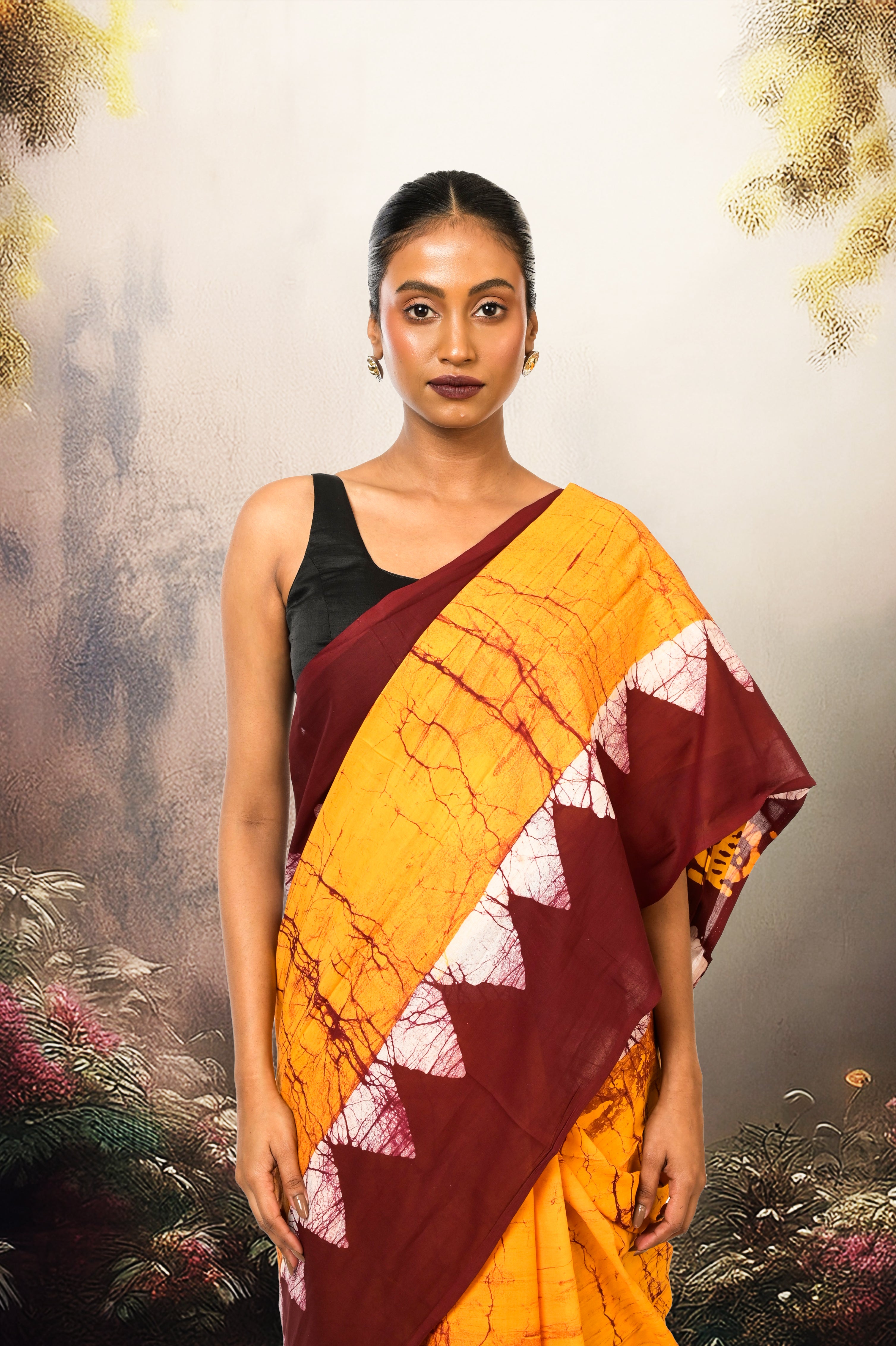 Dishani I Golden Yellow Handloom Batik Printed saree with maroon border