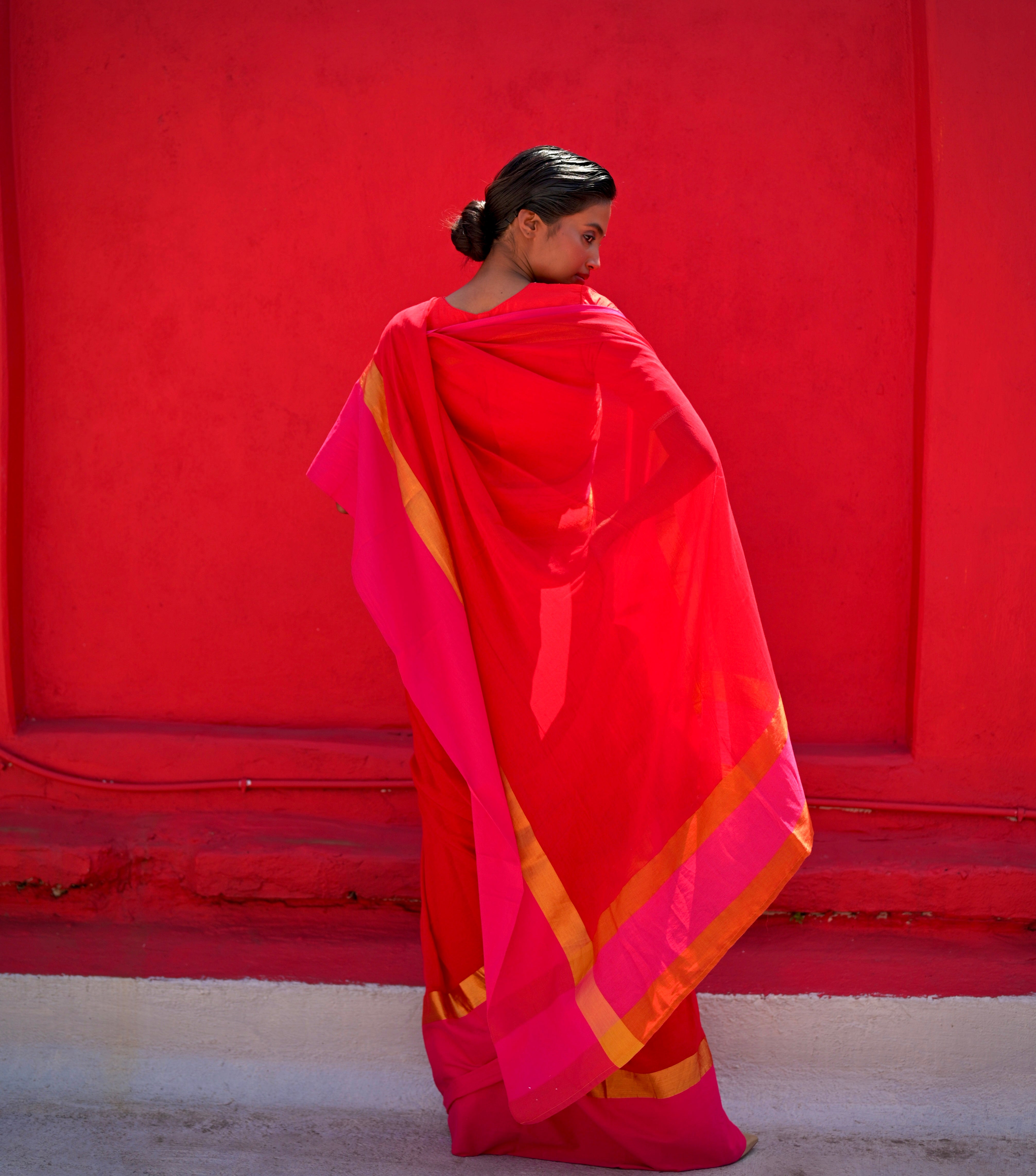 Dayita I Red Handloom Cotton Saree with Pink and Golden Border