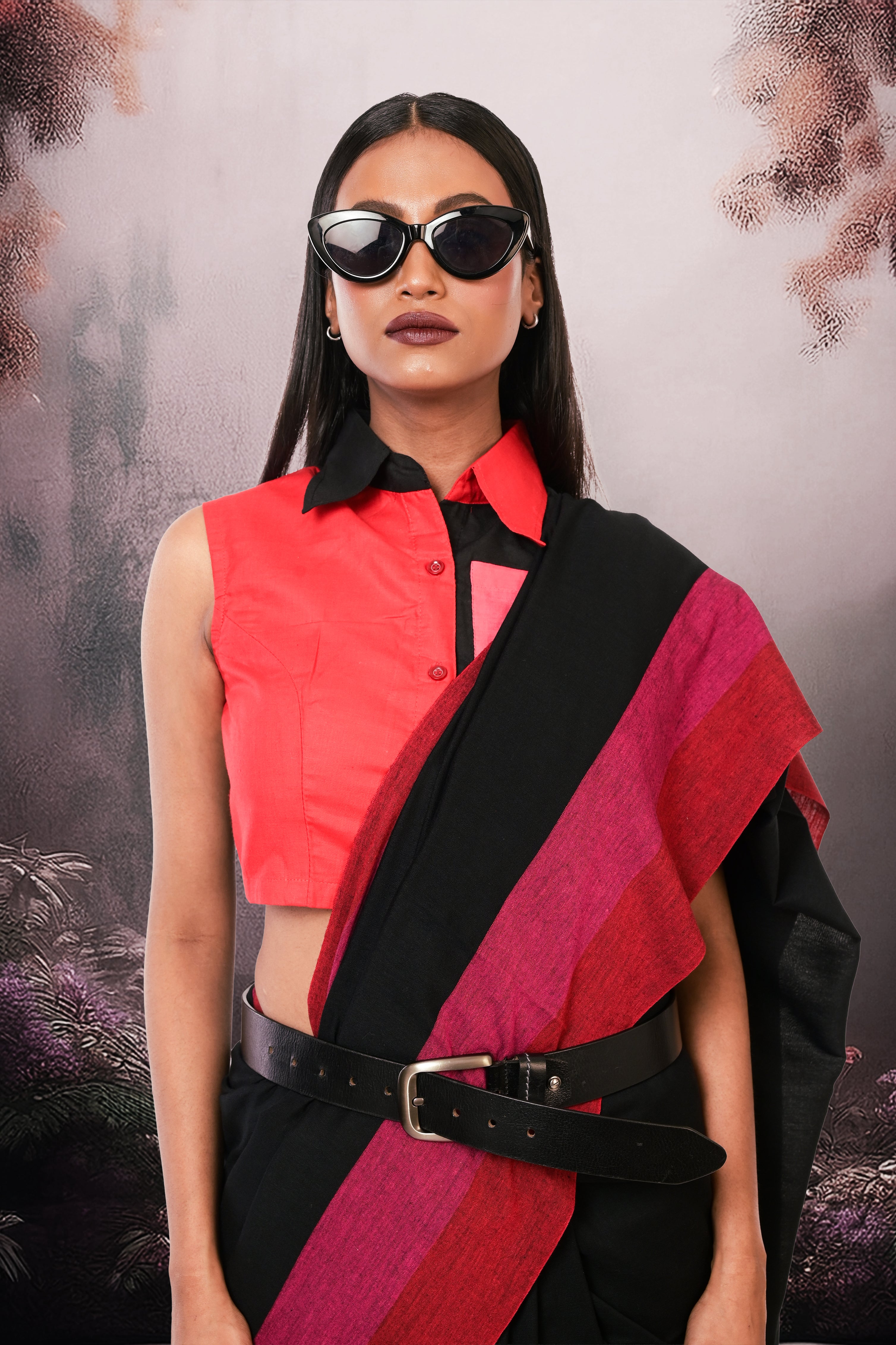 Eclipse Elegance I Black Handloom Acrylic Cotton Saree with Red and Pink Border