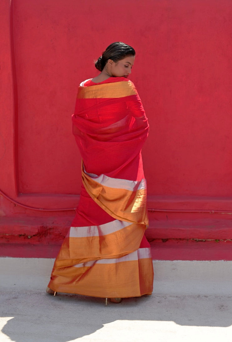 Angana I Red Handloom Cotton Saree With Silver and Golden Border