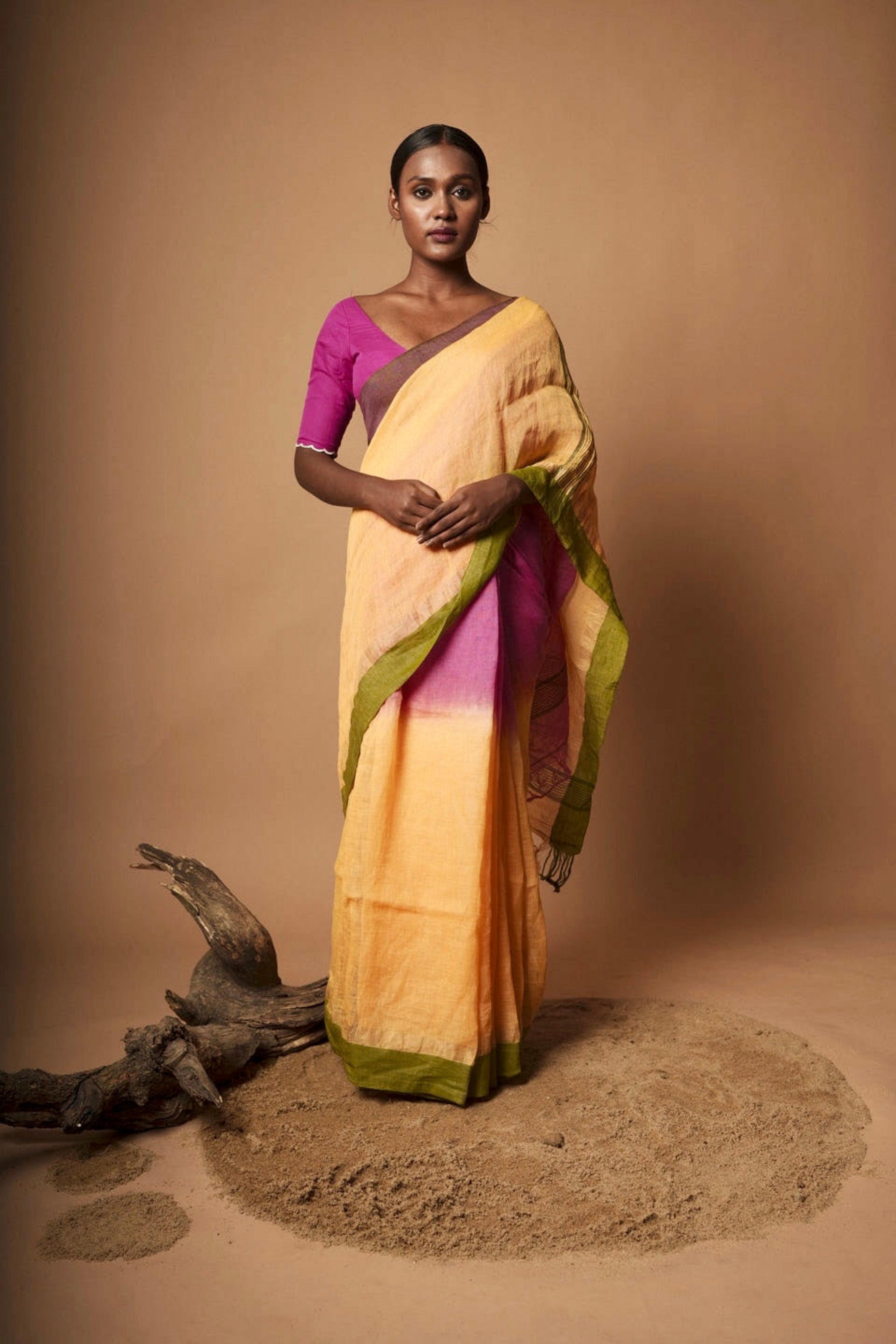 yellow-linen-saree-with-green-border