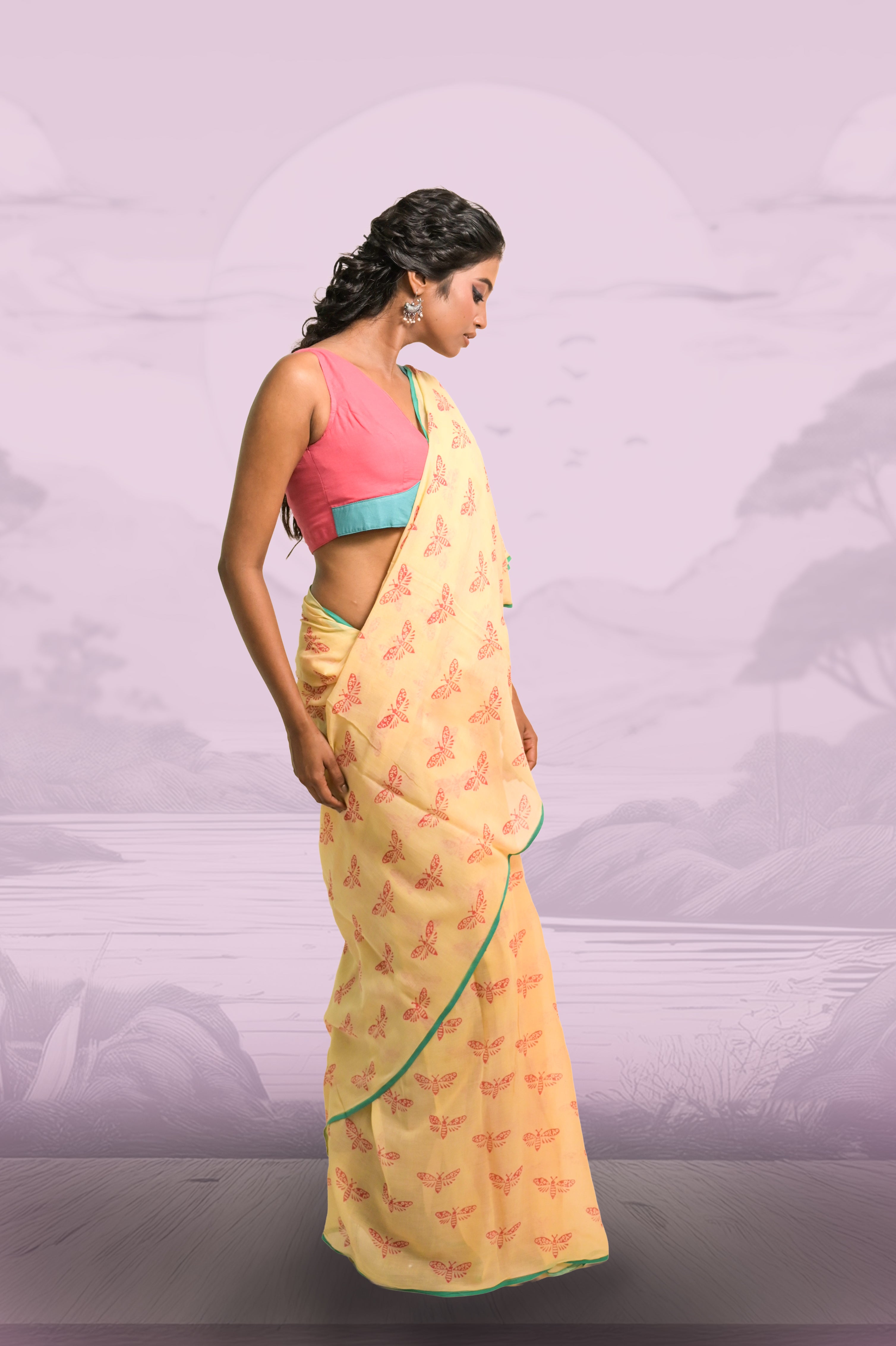 Soft Yellow Handloom Mul Cotton Saree with Hand-block Printed Butterfly Motifs and Ready to Wear Dual Colour Handloom Mul Cotton Blouse Combo(Flutterfly+Titli)