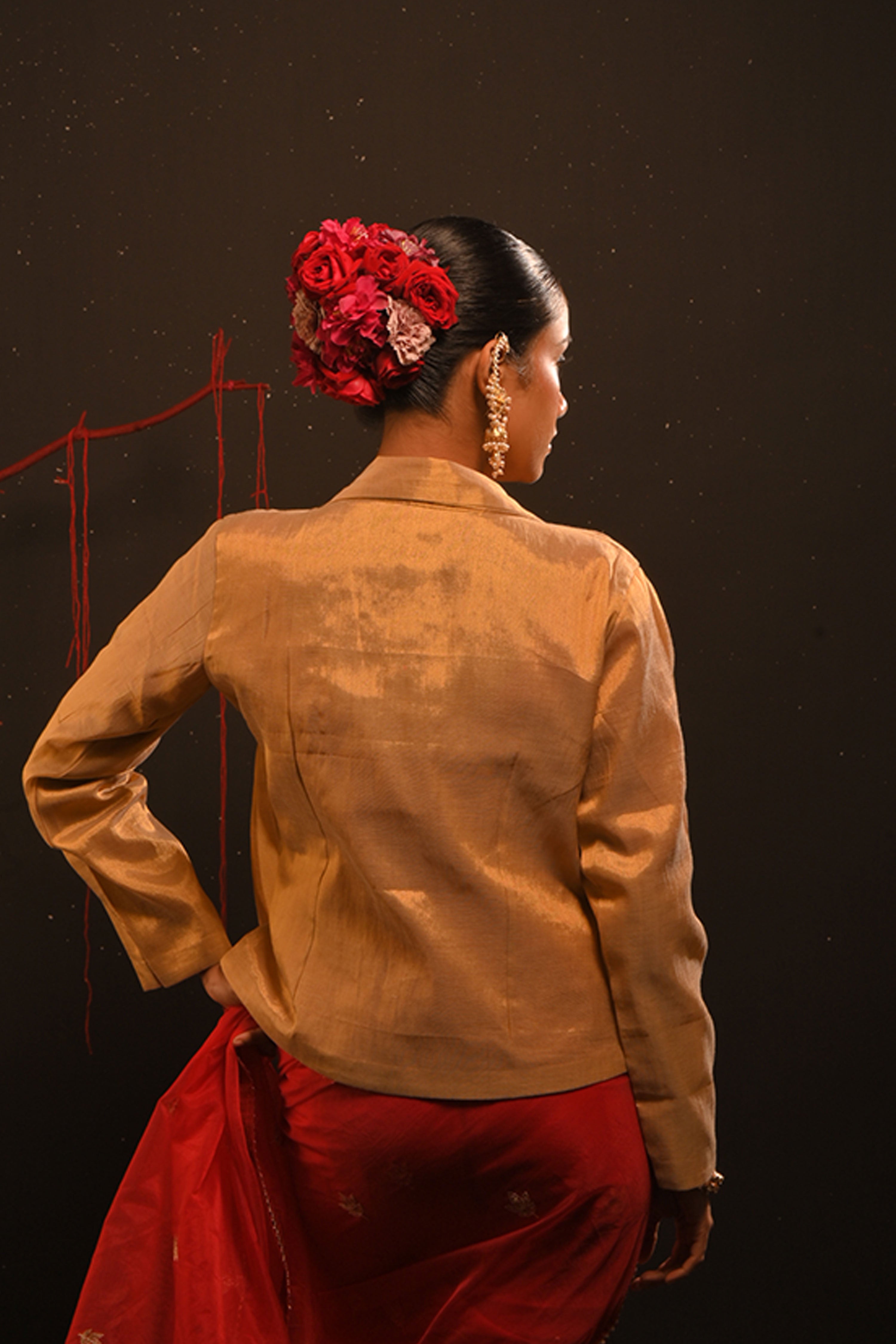 Mahira I Rose Gold Handwoven tissue jacket with hand embroidered motifs on collar