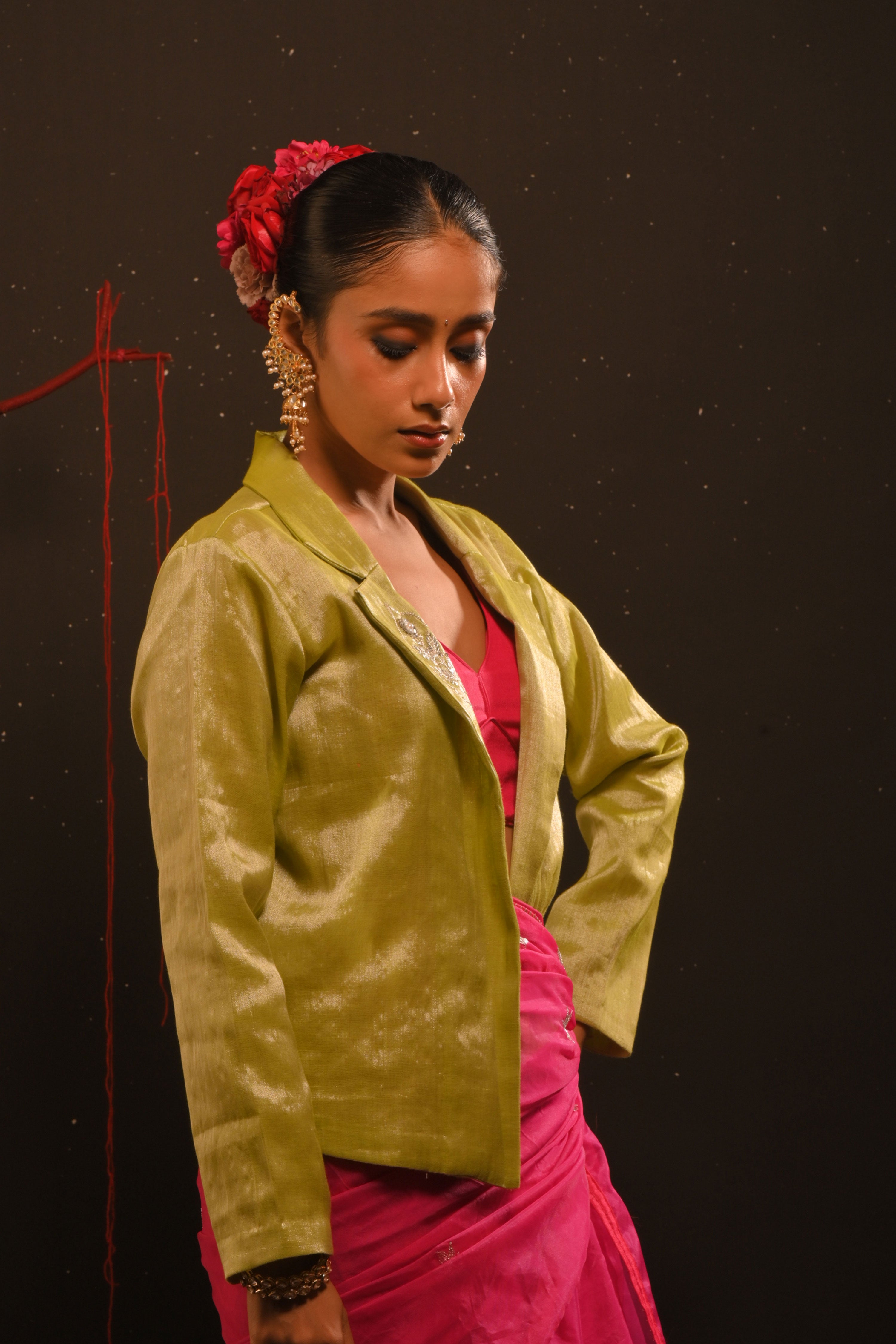 Gulmeher I Neon Green Handwoven tissue jacket with hand embroidered motifs on collar