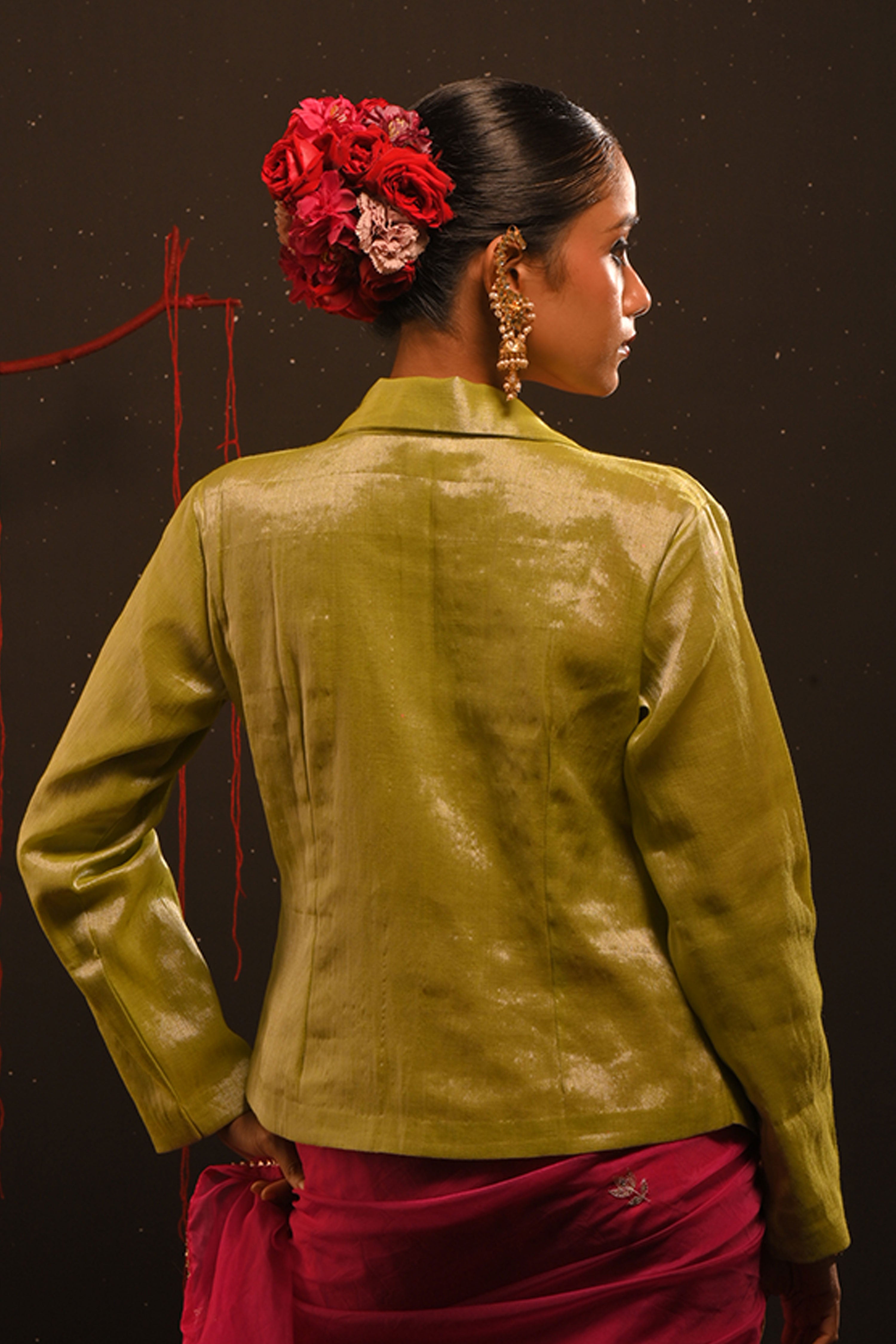 Gulmeher I Neon Green Handwoven tissue jacket with hand embroidered motifs on collar