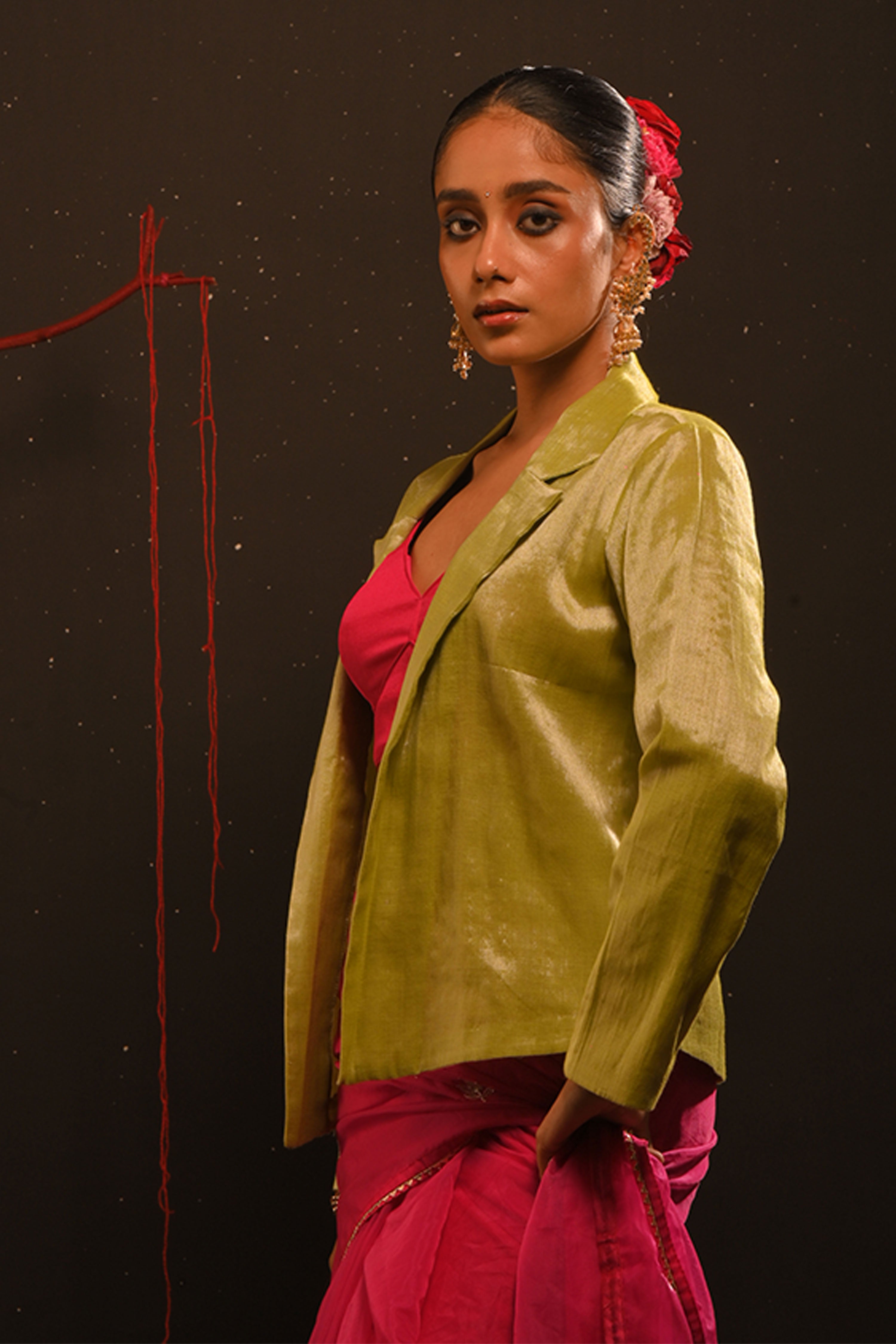 Gulmeher I Neon Green Handwoven tissue jacket with hand embroidered motifs on collar