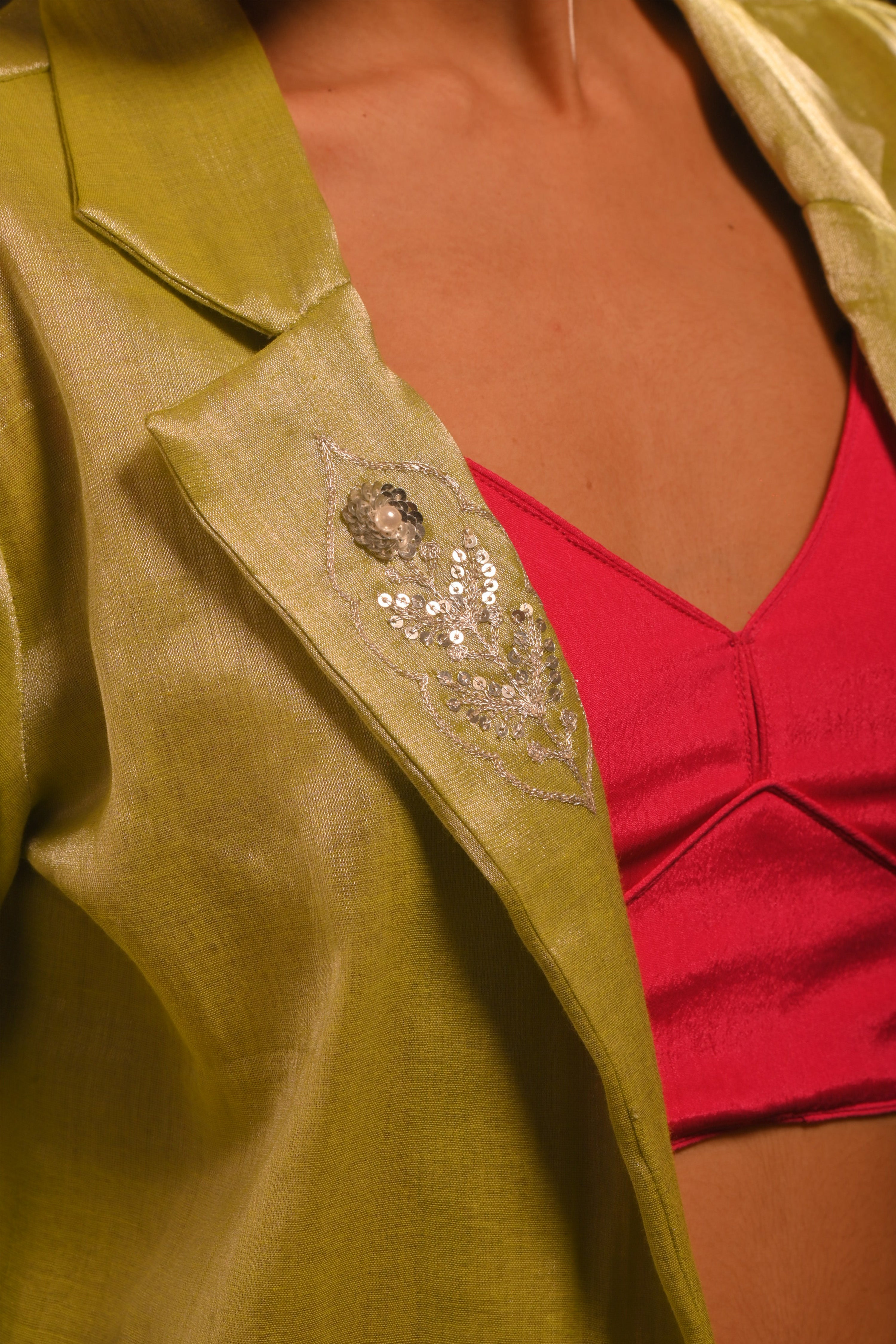 Gulmeher I Neon Green Handwoven tissue jacket with hand embroidered motifs on collar