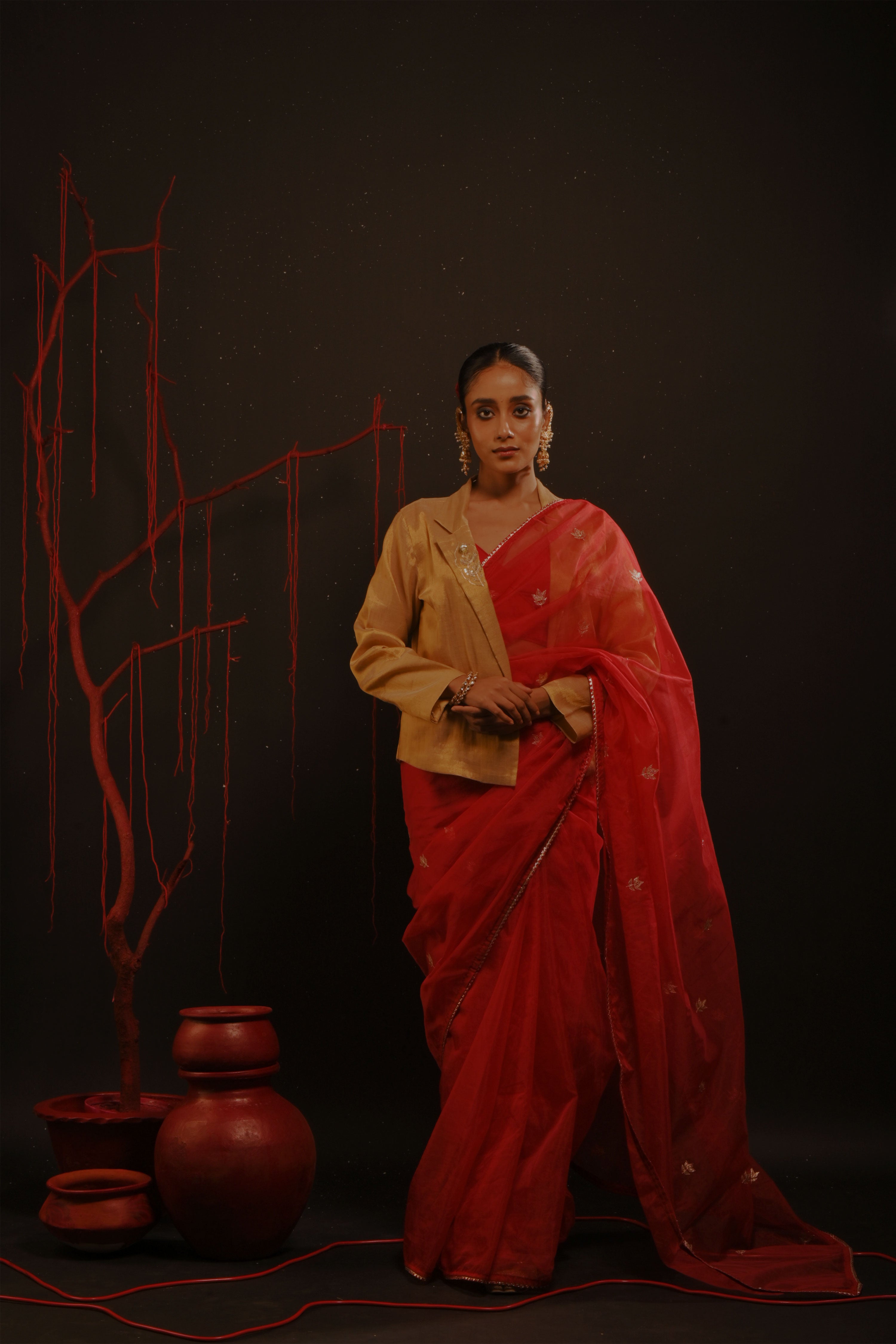 Mihira I Red organza saree paired with red chinon blouse and Tissue jacket