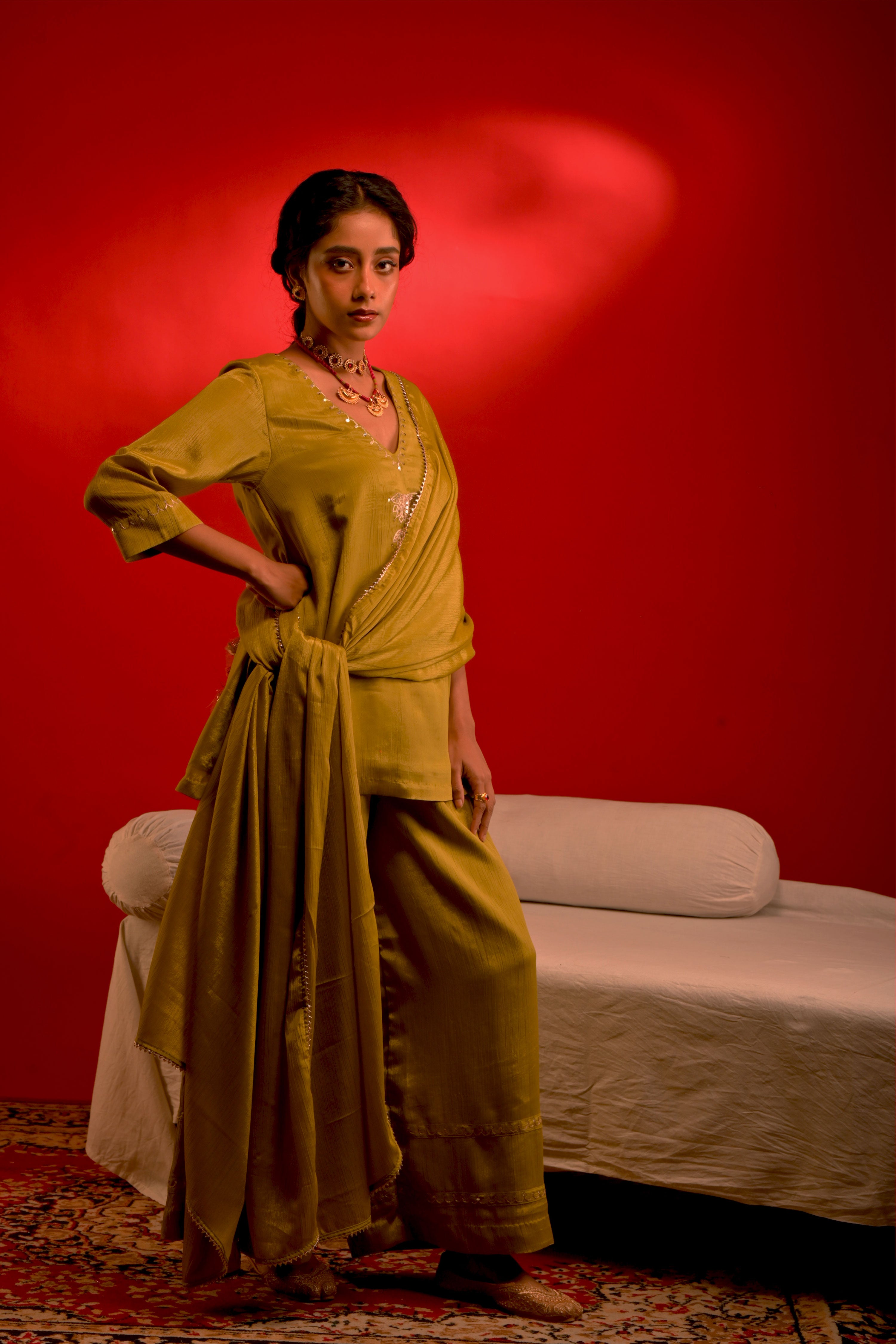 Geet I Lime Green chinon hand embroidered kurta pant set with dupatta