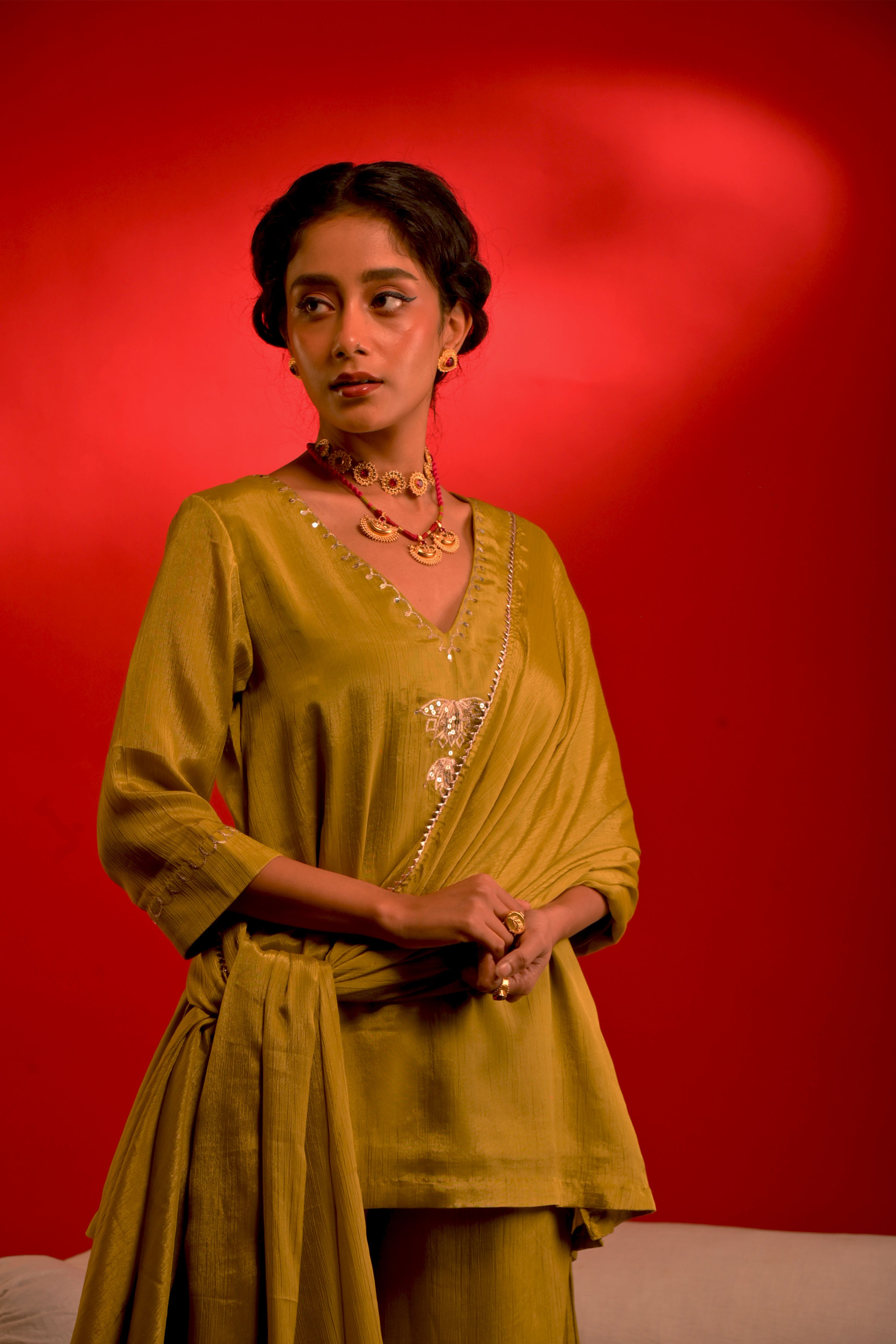 Geet I Lime Green chinon hand embroidered kurta pant set with dupatta