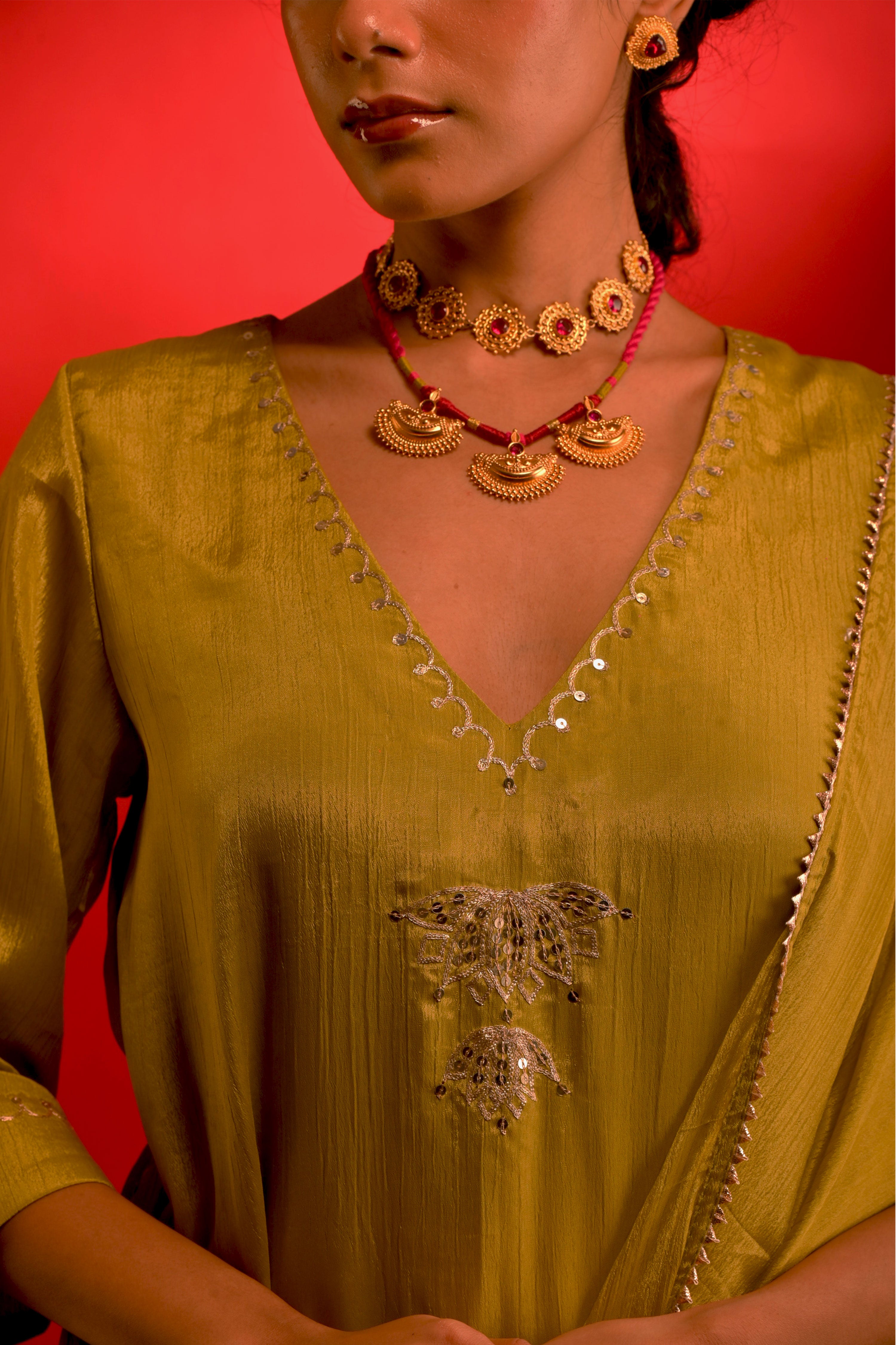 Geet I Lime Green chinon hand embroidered kurta pant set with dupatta