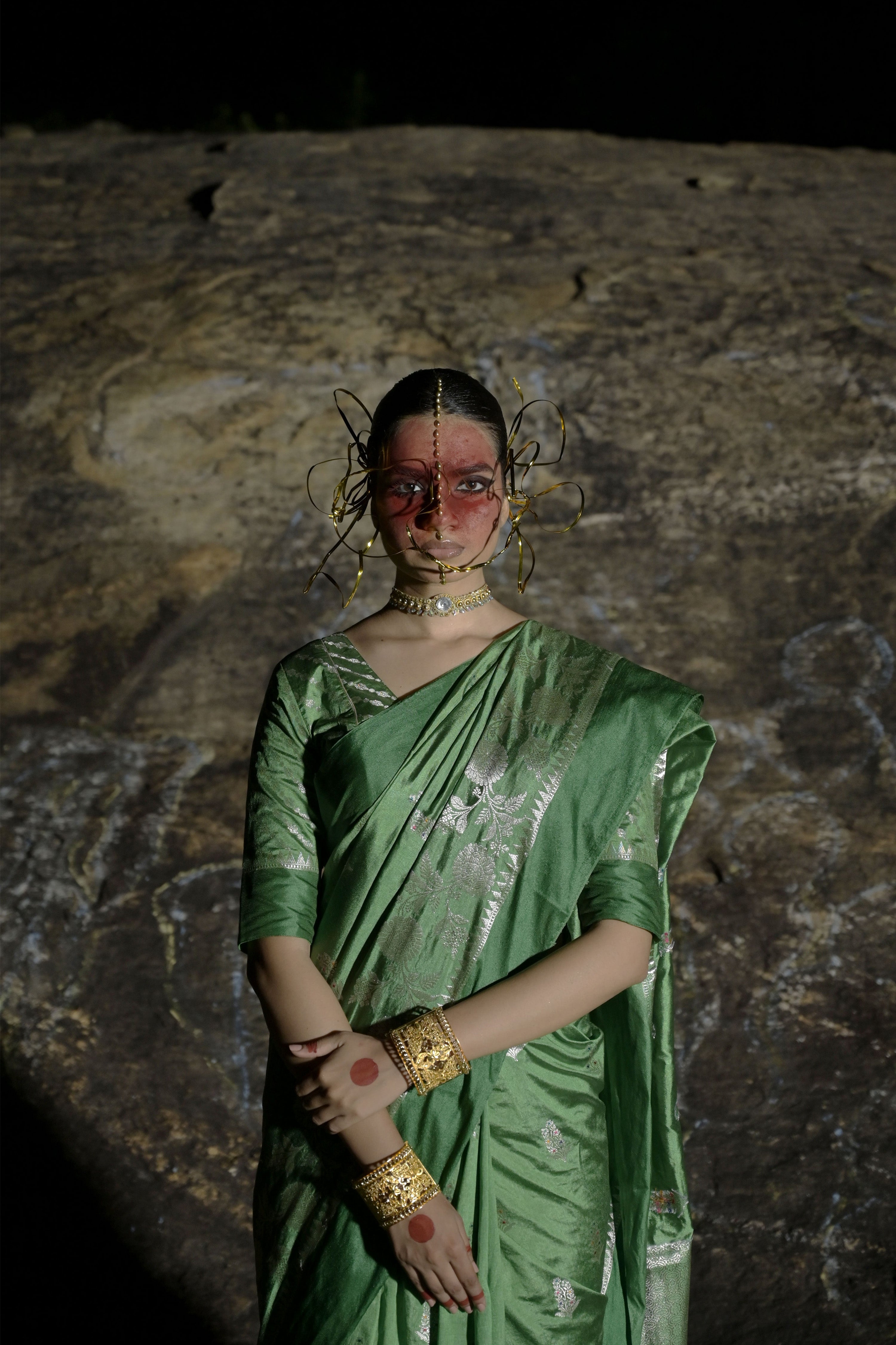 Charupallavi I Leaf Green Handwoven Katan Banarasi Saree with Floral  Butis