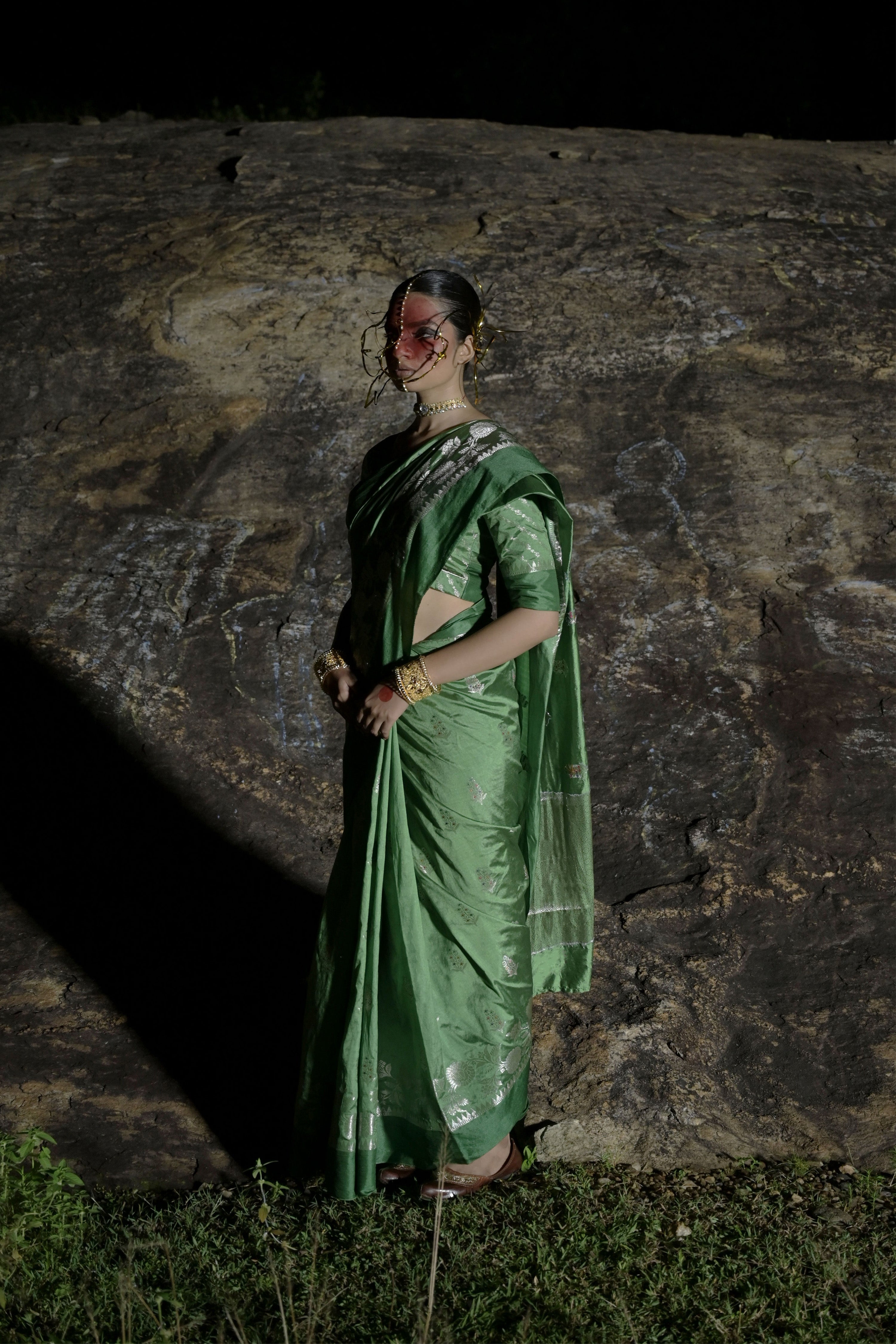 Charupallavi I Leaf Green Handwoven Katan Banarasi Saree with Floral  Butis