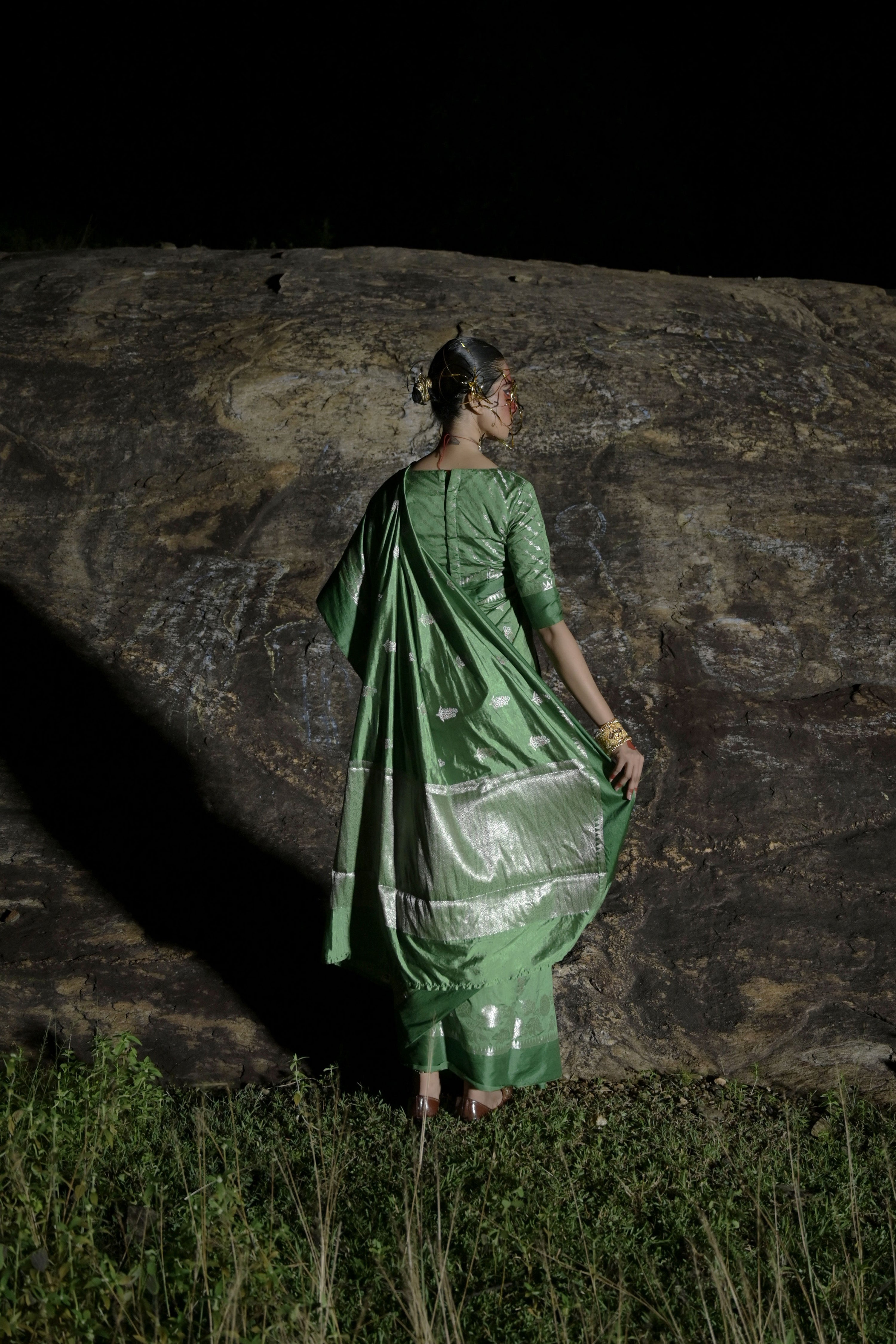 Charupallavi I Leaf Green Handwoven Katan Banarasi Saree with Floral  Butis