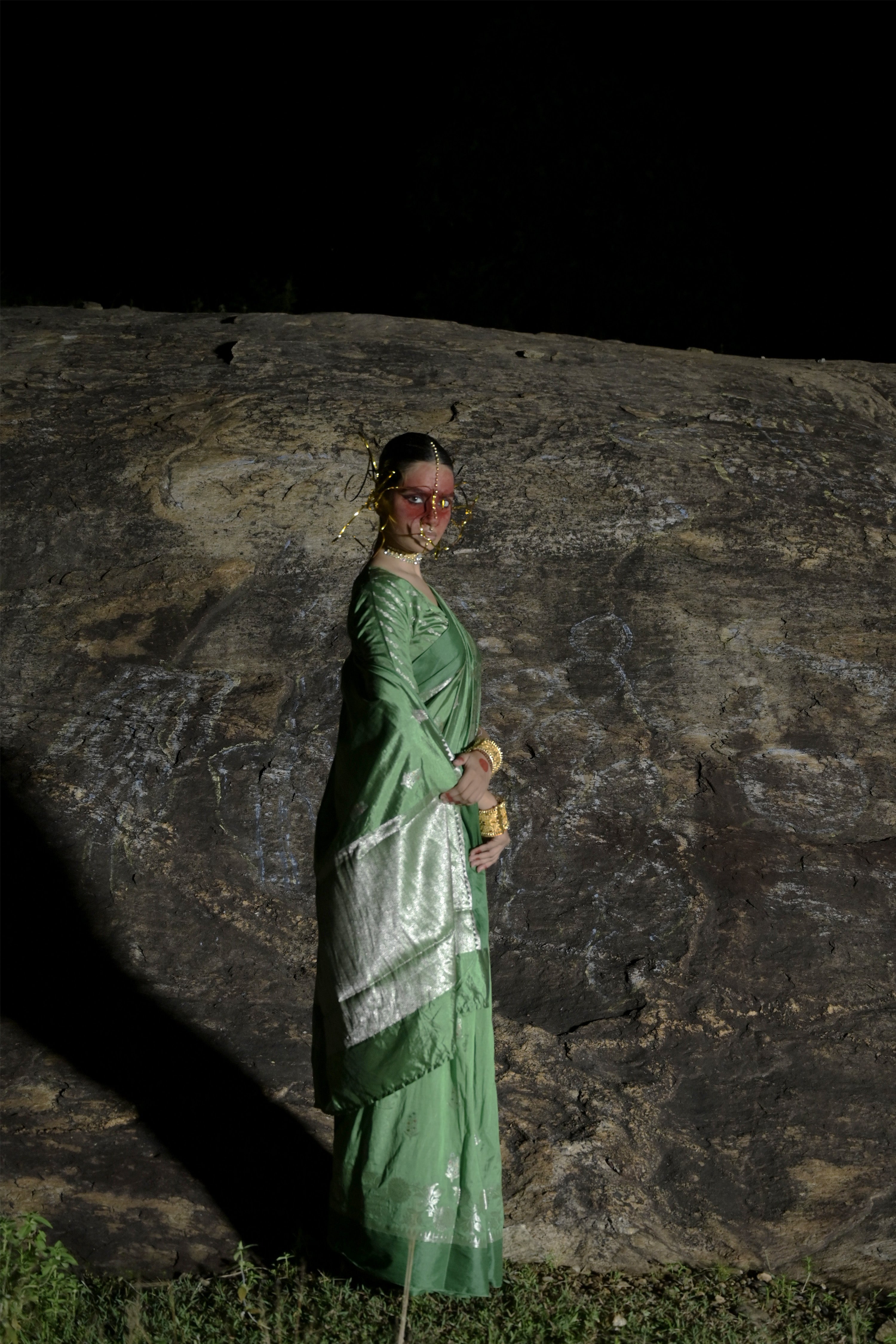Charupallavi I Leaf Green Handwoven Katan Banarasi Saree with Floral  Butis
