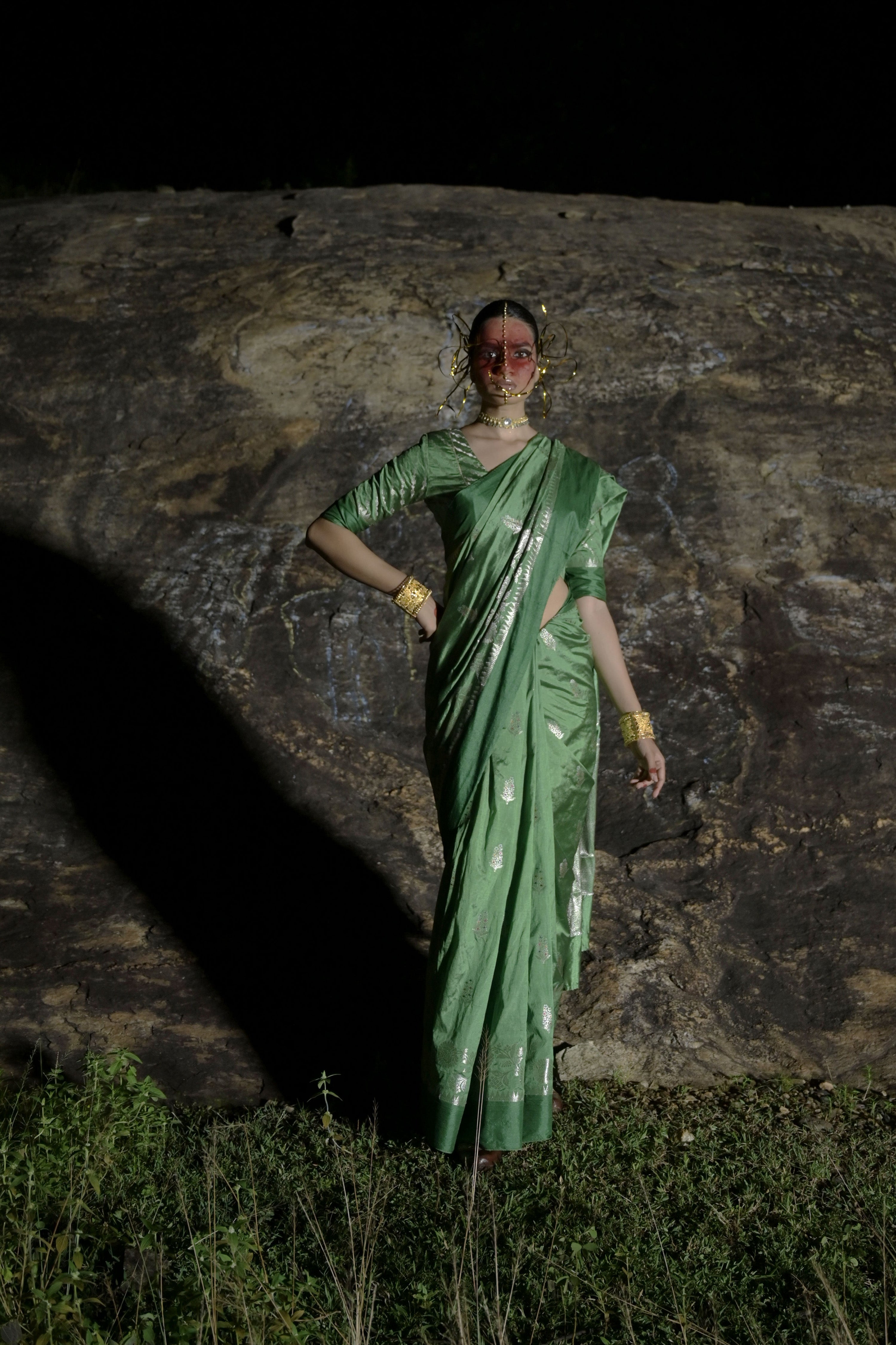 Charupallavi I Leaf Green Handwoven Katan Banarasi Saree with Floral  Butis