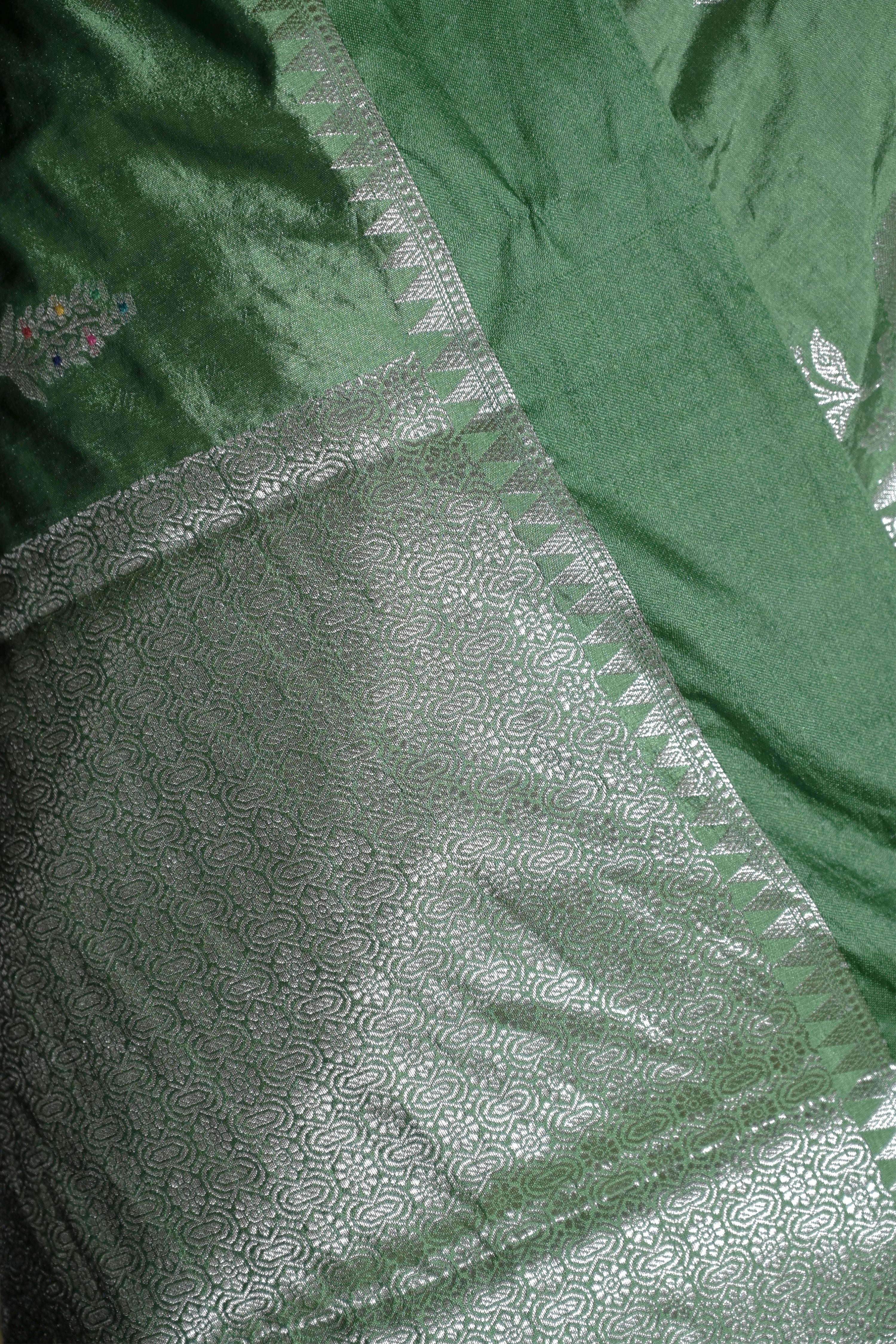 Charupallavi I Leaf Green Handwoven Katan Banarasi Saree with Floral  Butis