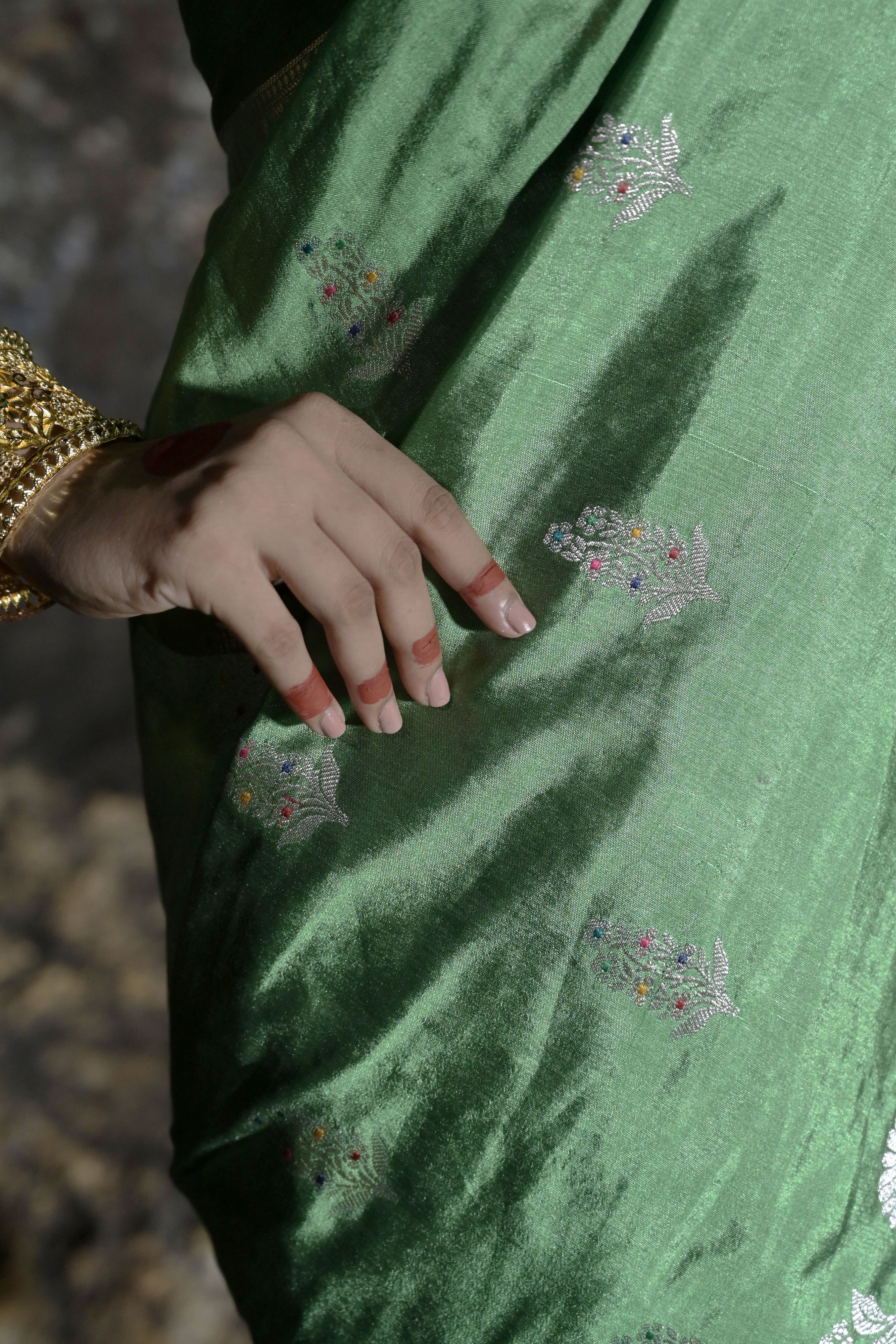 Charupallavi I Leaf Green Handwoven Katan Banarasi Saree with Floral  Butis