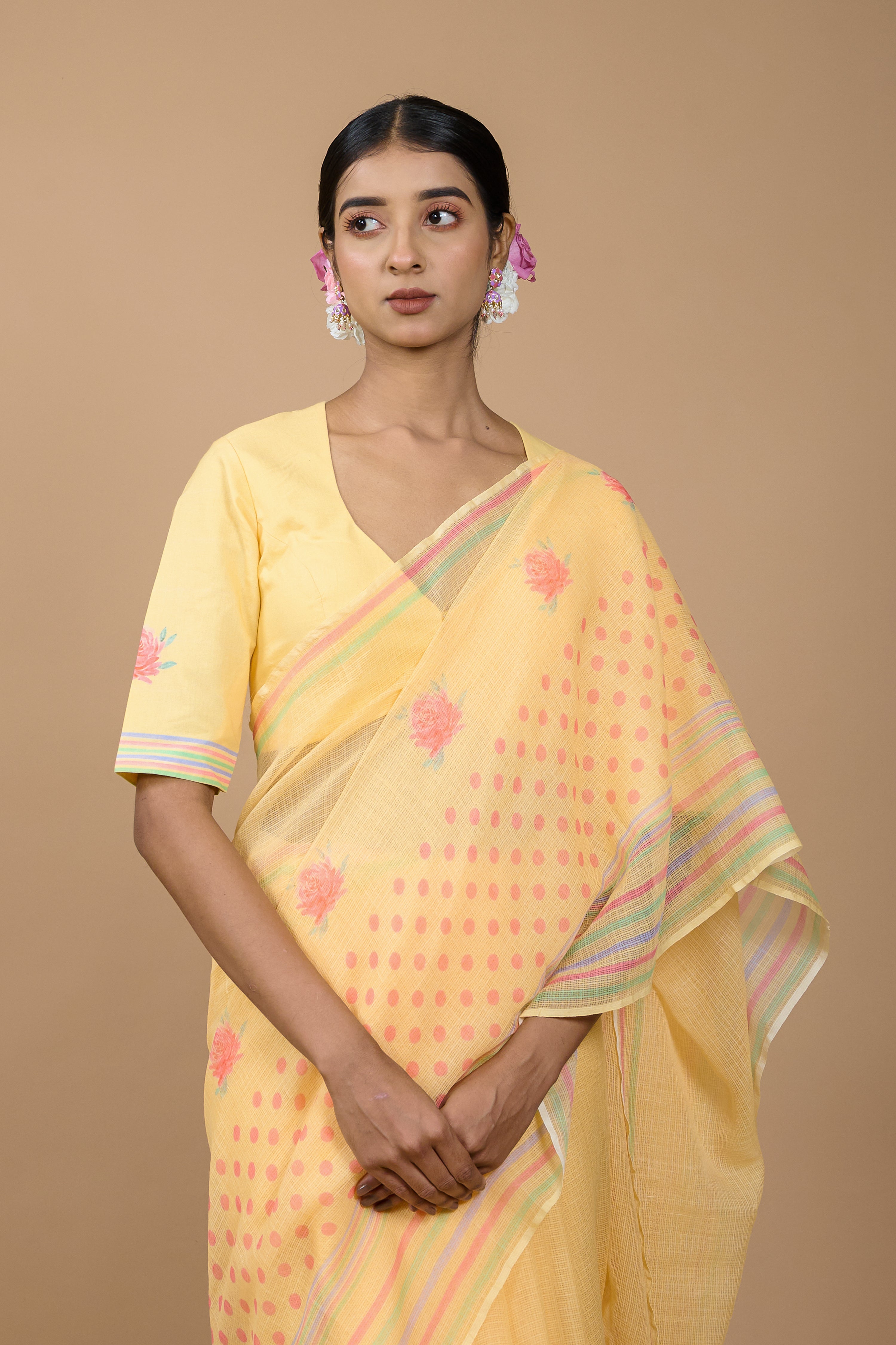 Gulaab I Yellow Handloom Printed Kota doria Saree