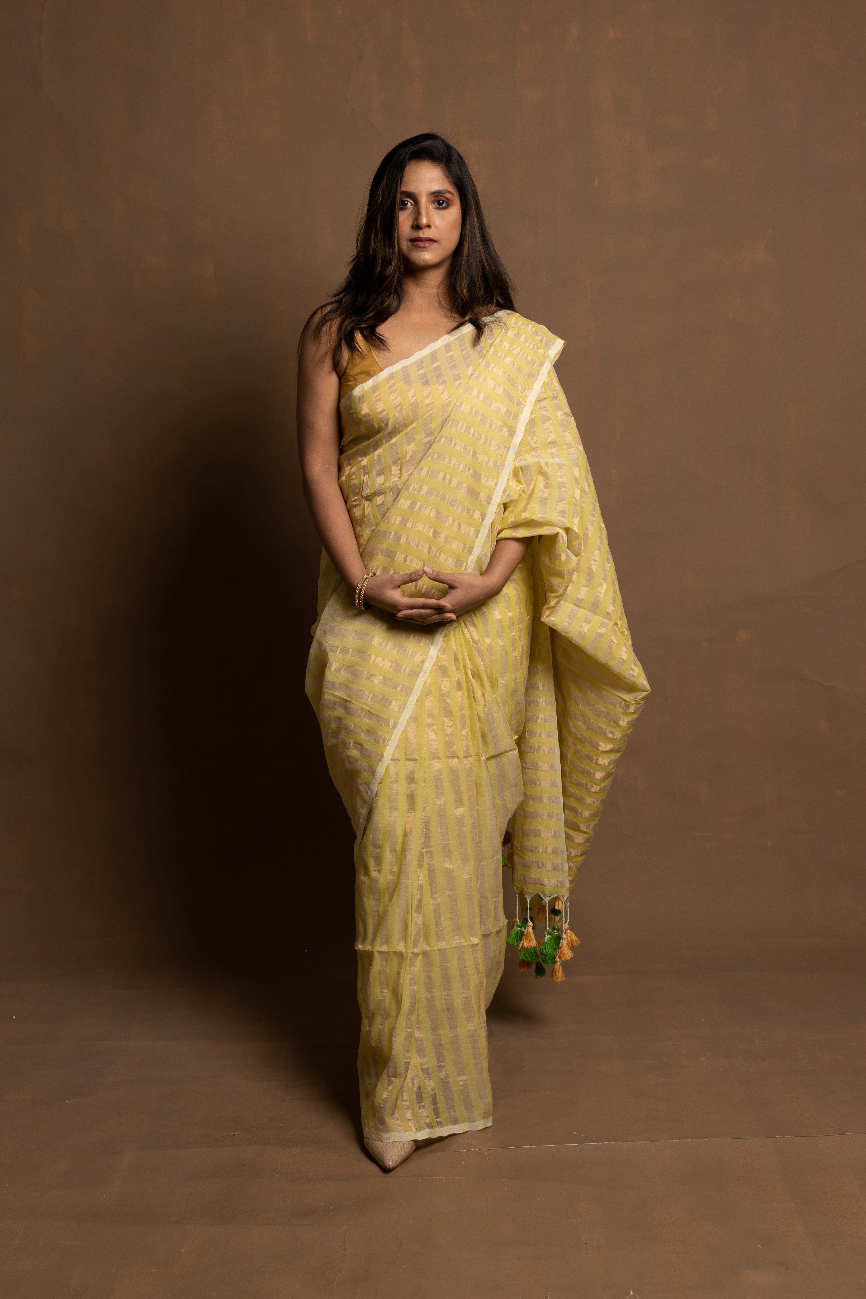Adhisha  I Lime Green Cotton Zari  Stripes Handloom Saree