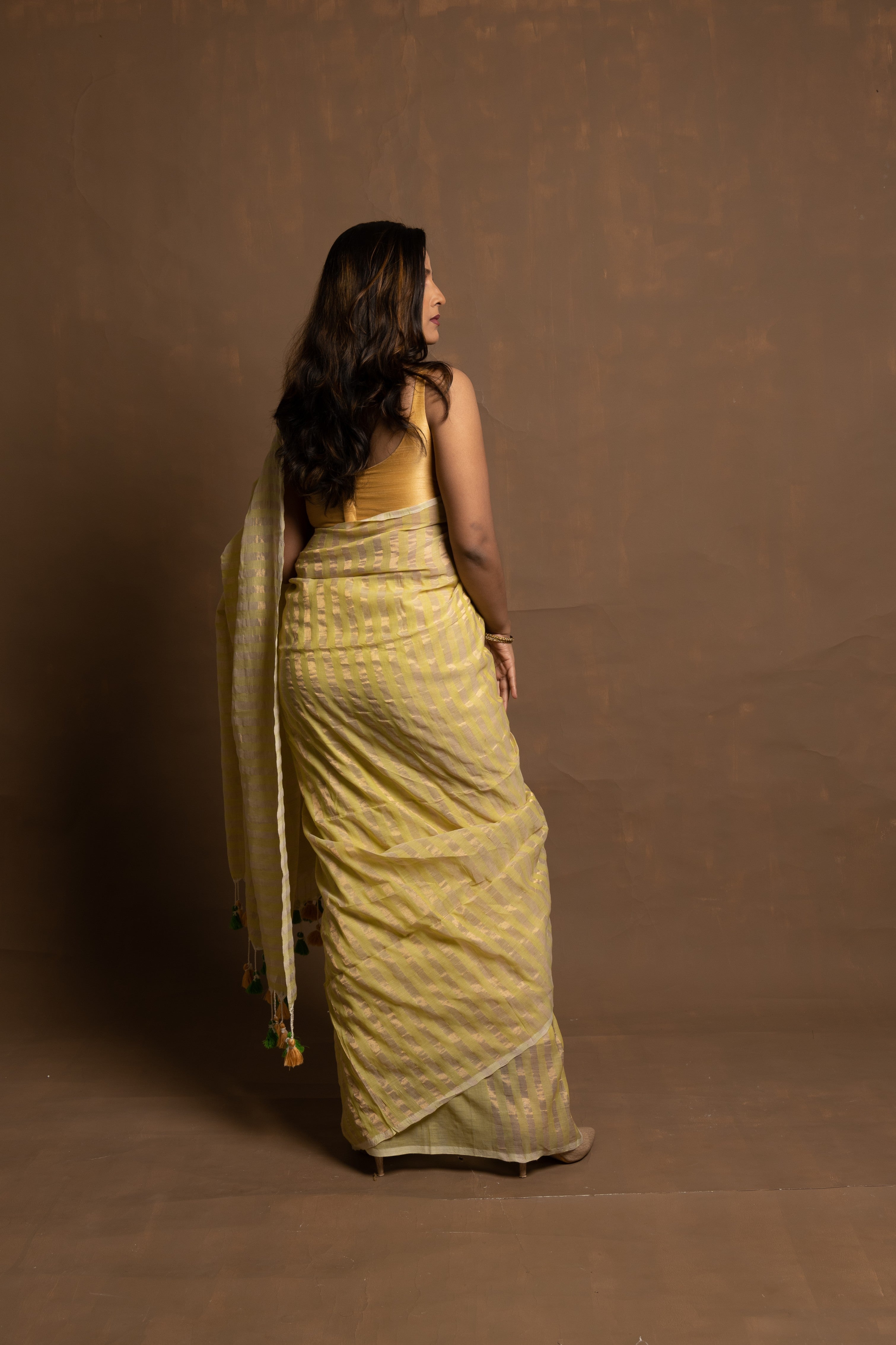 Adhisha  I Lime Green Cotton Zari  Stripes Handloom Saree