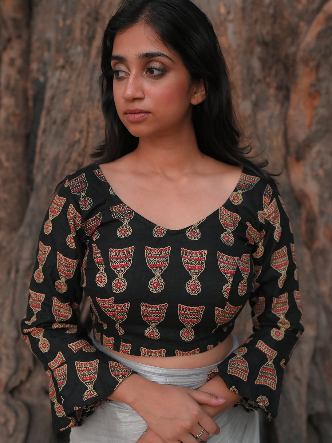 Printed  black cotton blouse with full sleeves