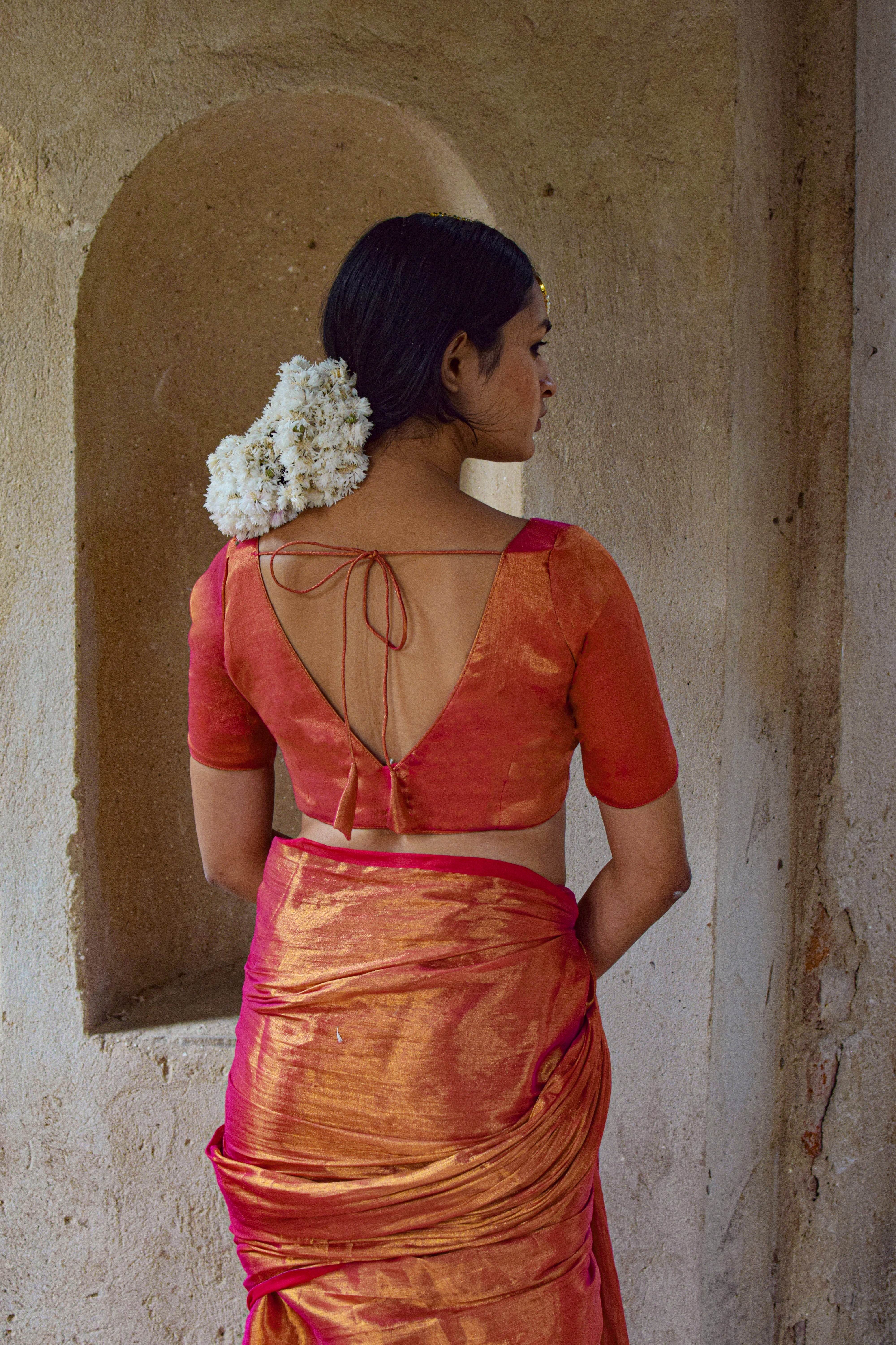 Handwoven Pink Tissue Sarree with Ready to Wear Pink Blouse Combo (Maya & Magenta Groove)