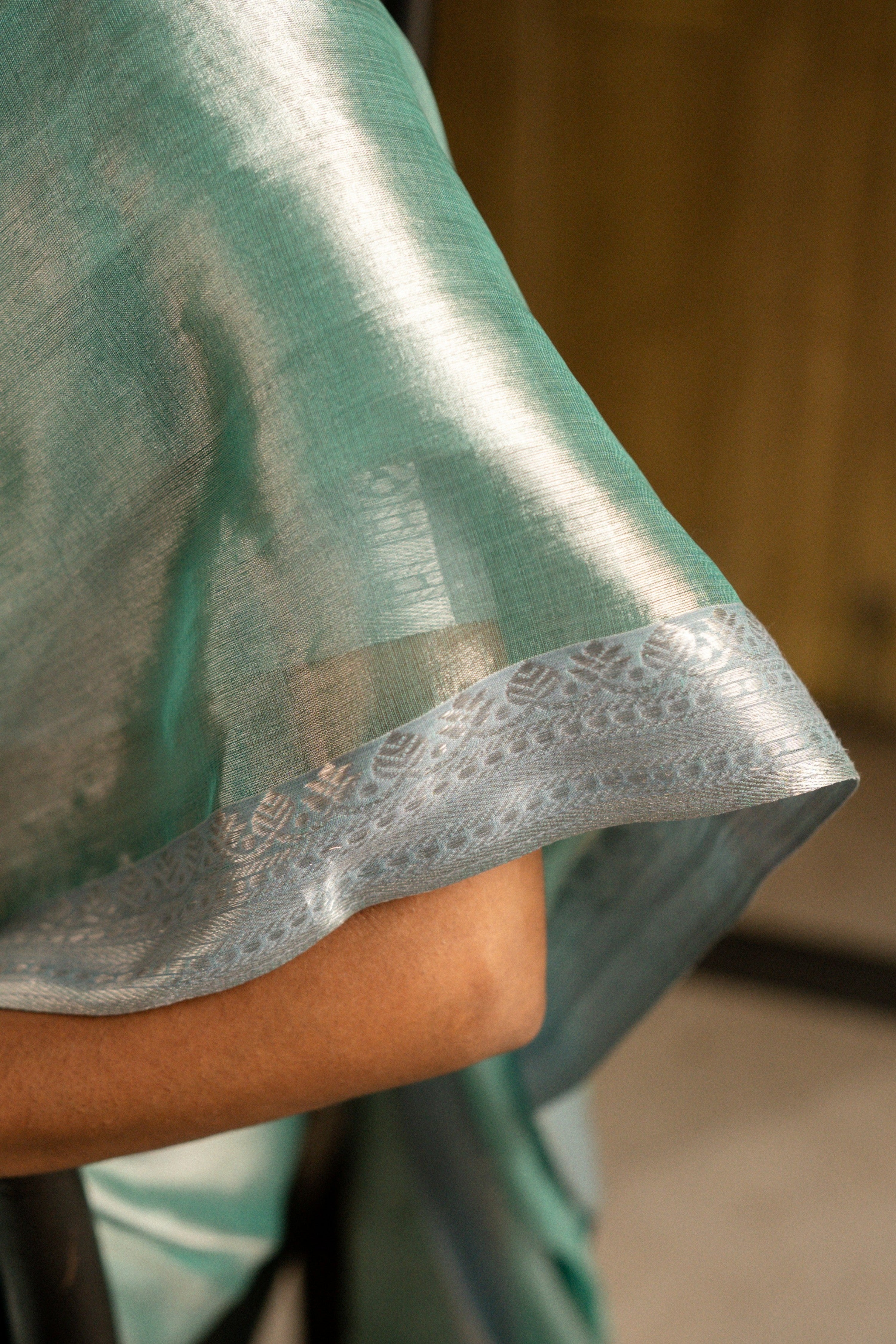 Empress Of The Ocean I Blue Handloom Mulberry Silk Tissue Saree