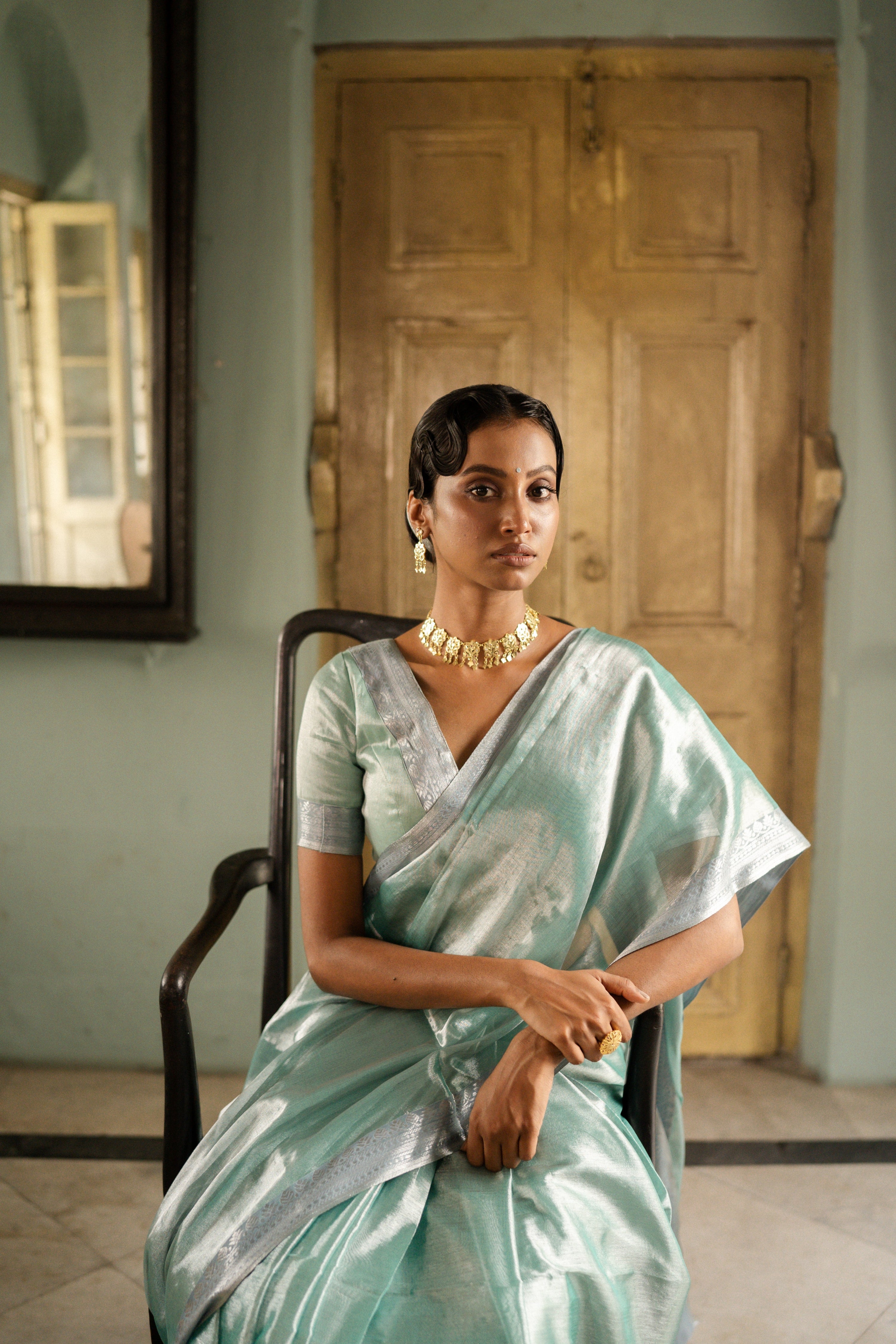 Empress Of The Ocean I Blue Handloom Mulberry Silk Tissue Saree