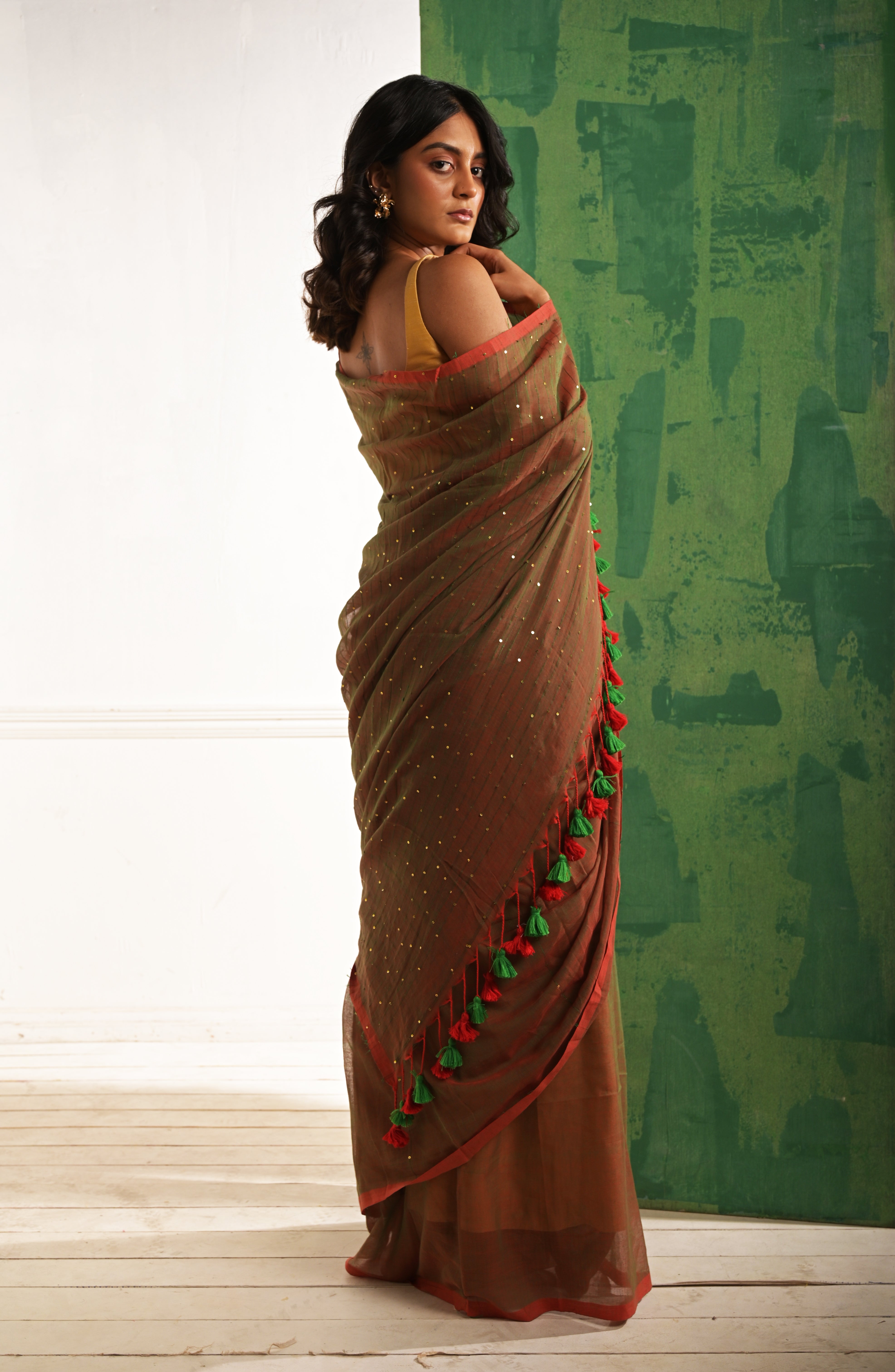 Saundhi Maati | Brown mul cotton saree with beaded sequins