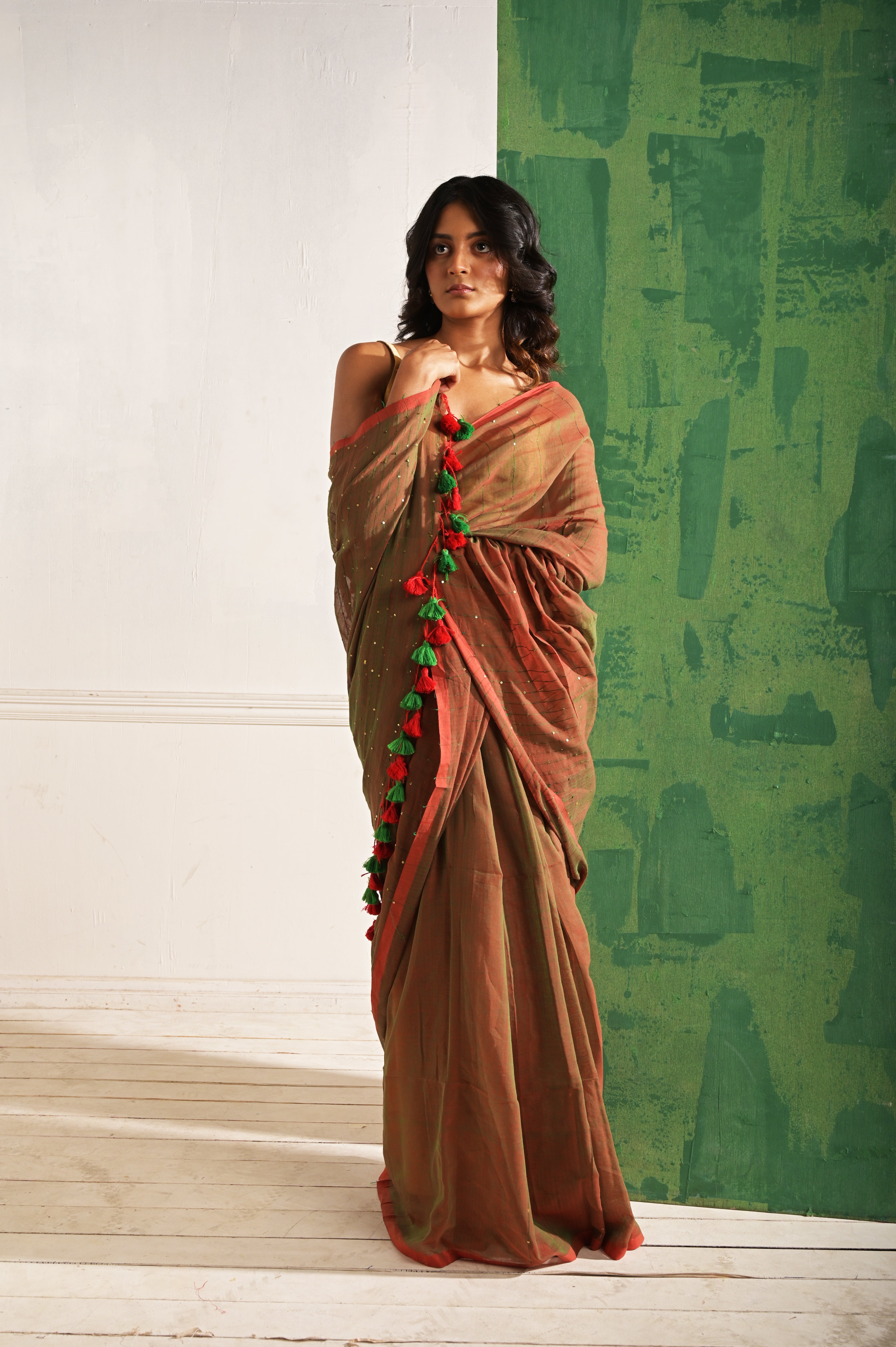 Saundhi Maati | Brown mul cotton saree with beaded sequins