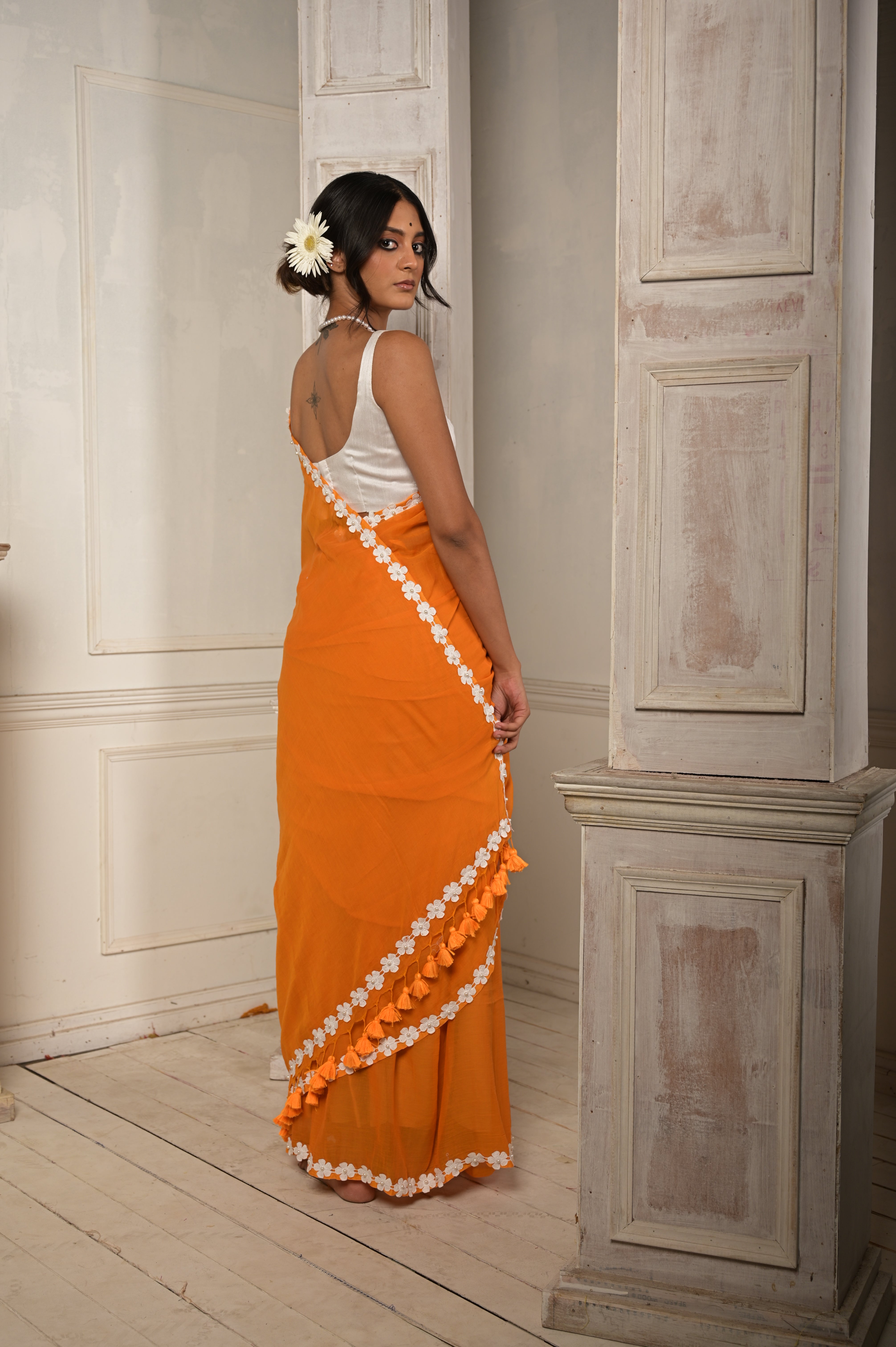 Dhoop Chhaao | Orange cotton saree with stitched lace floral embroidered border