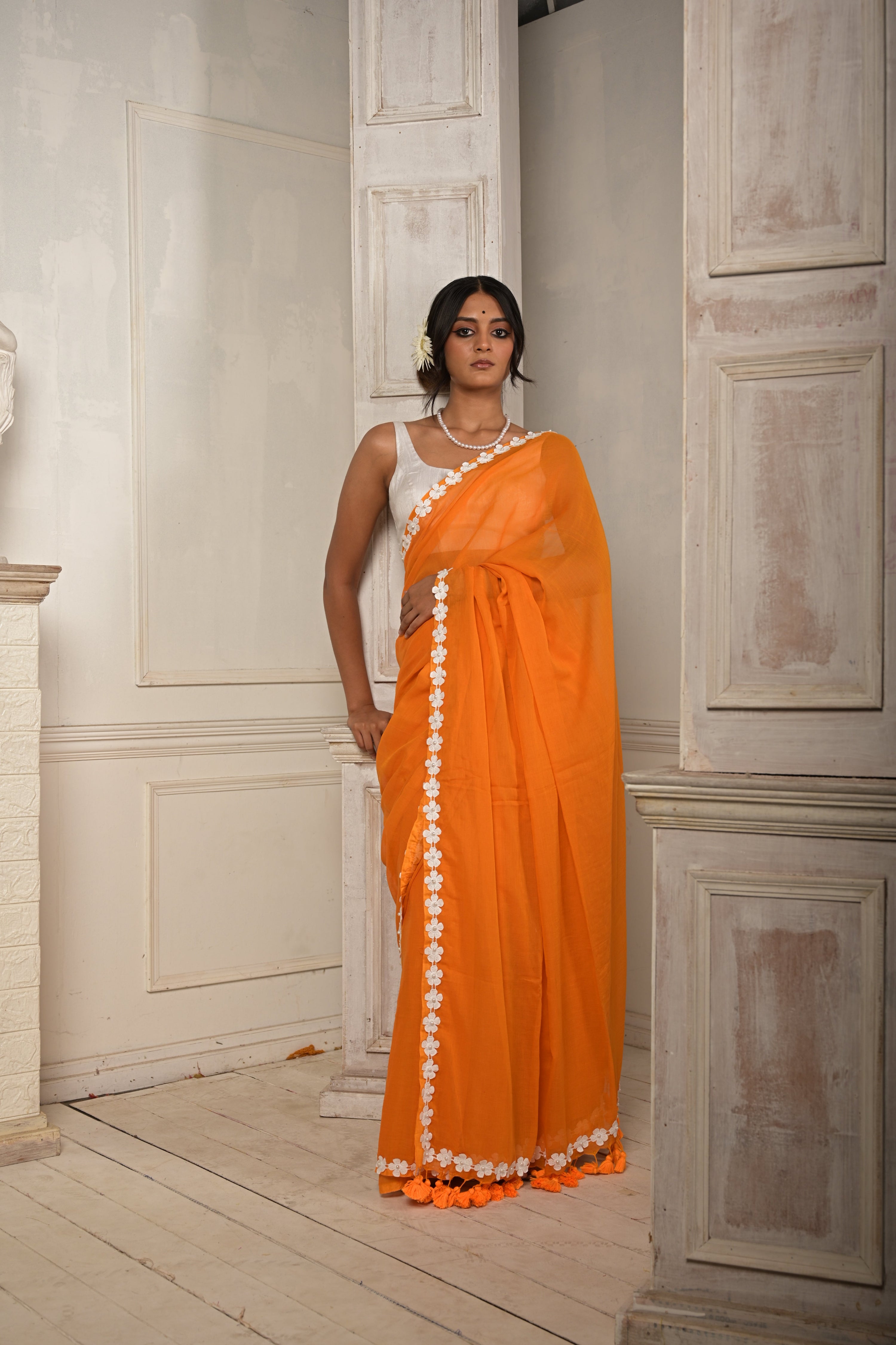 Dhoop Chhaao | Orange cotton saree with stitched lace floral embroidered border