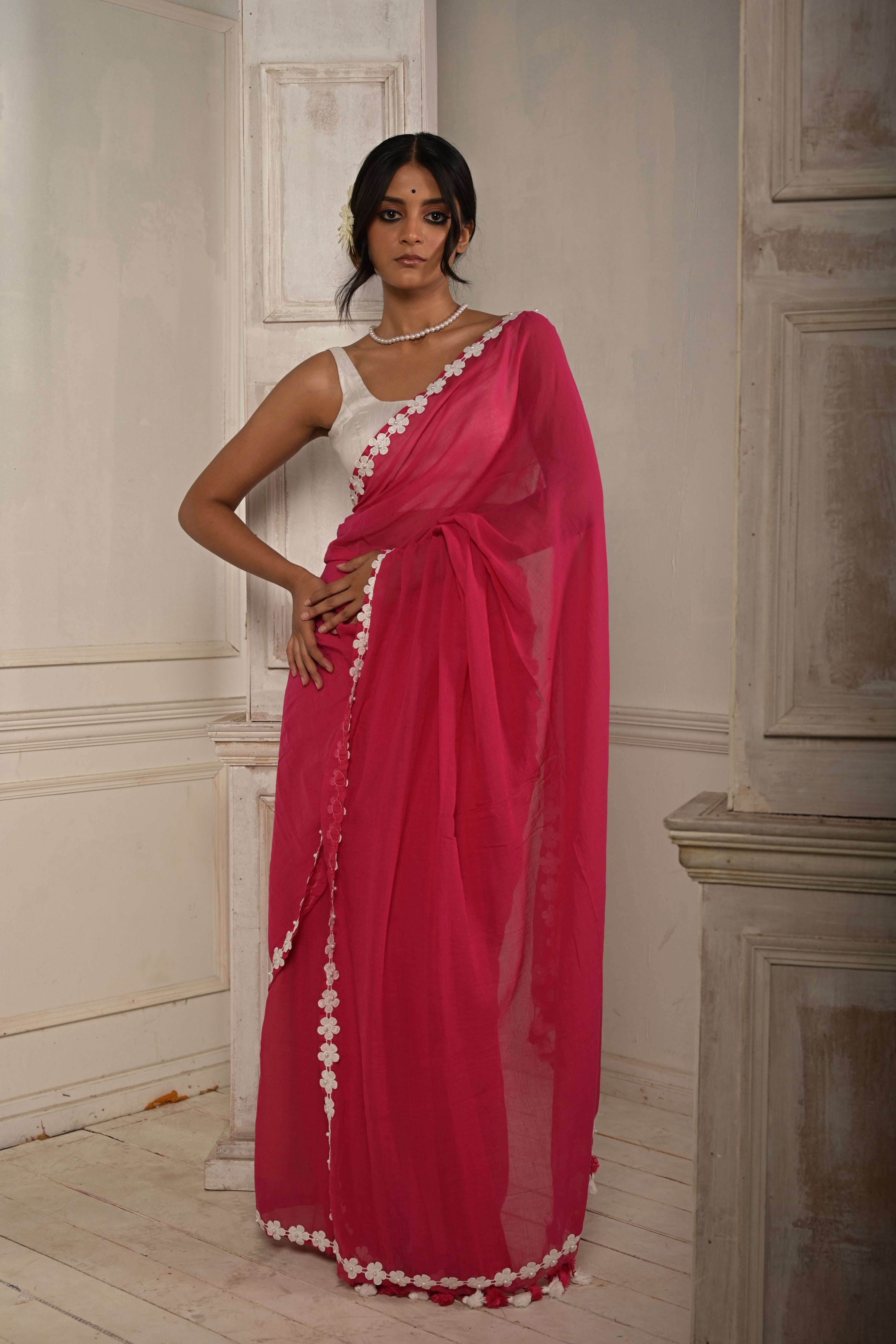 Komal Gulaab | Hot Pink cotton saree with stitched lace floral embroidered border