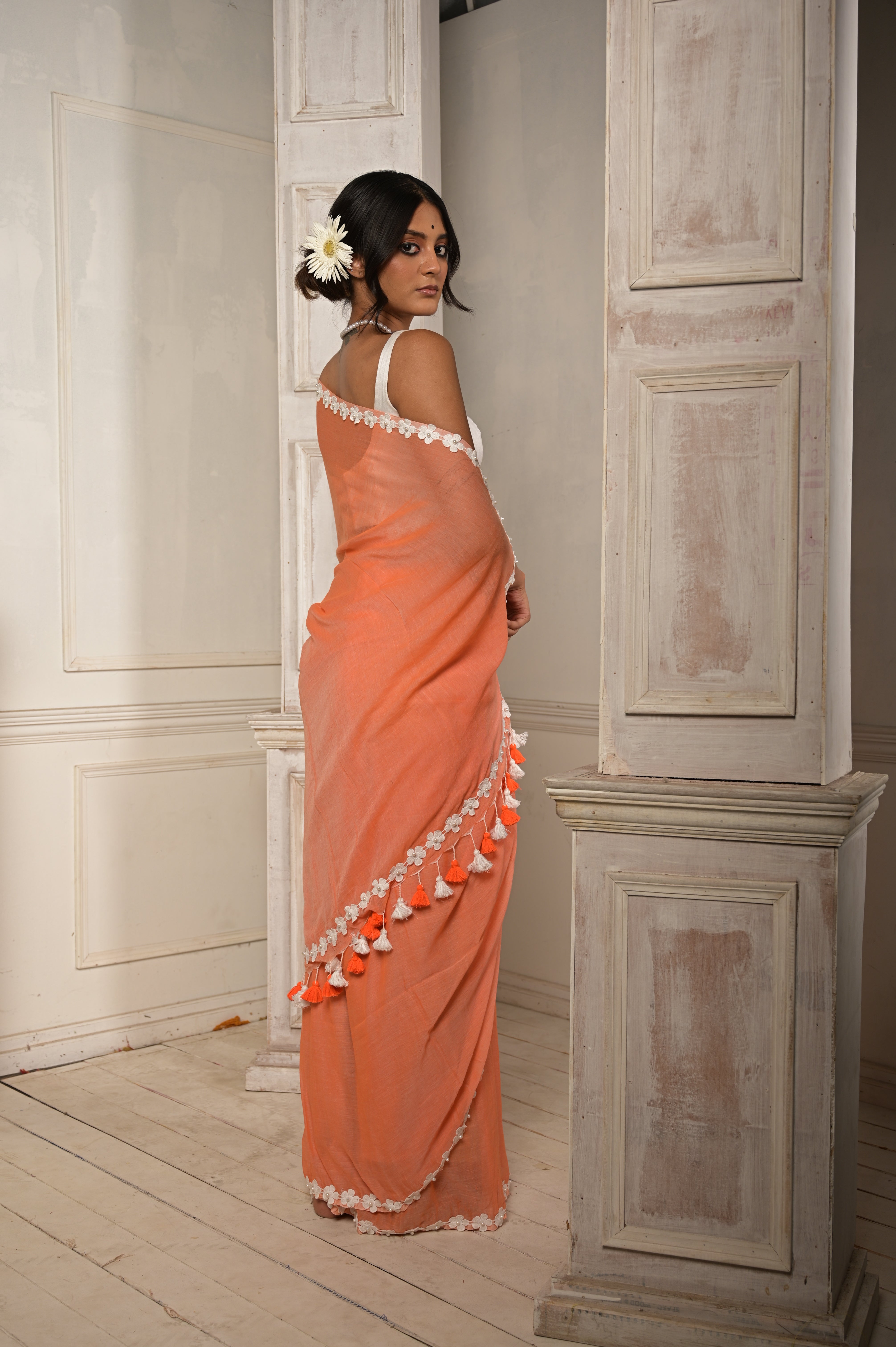 Surbhi shaam | Peach cotton saree with stitched lace floral embroidered border