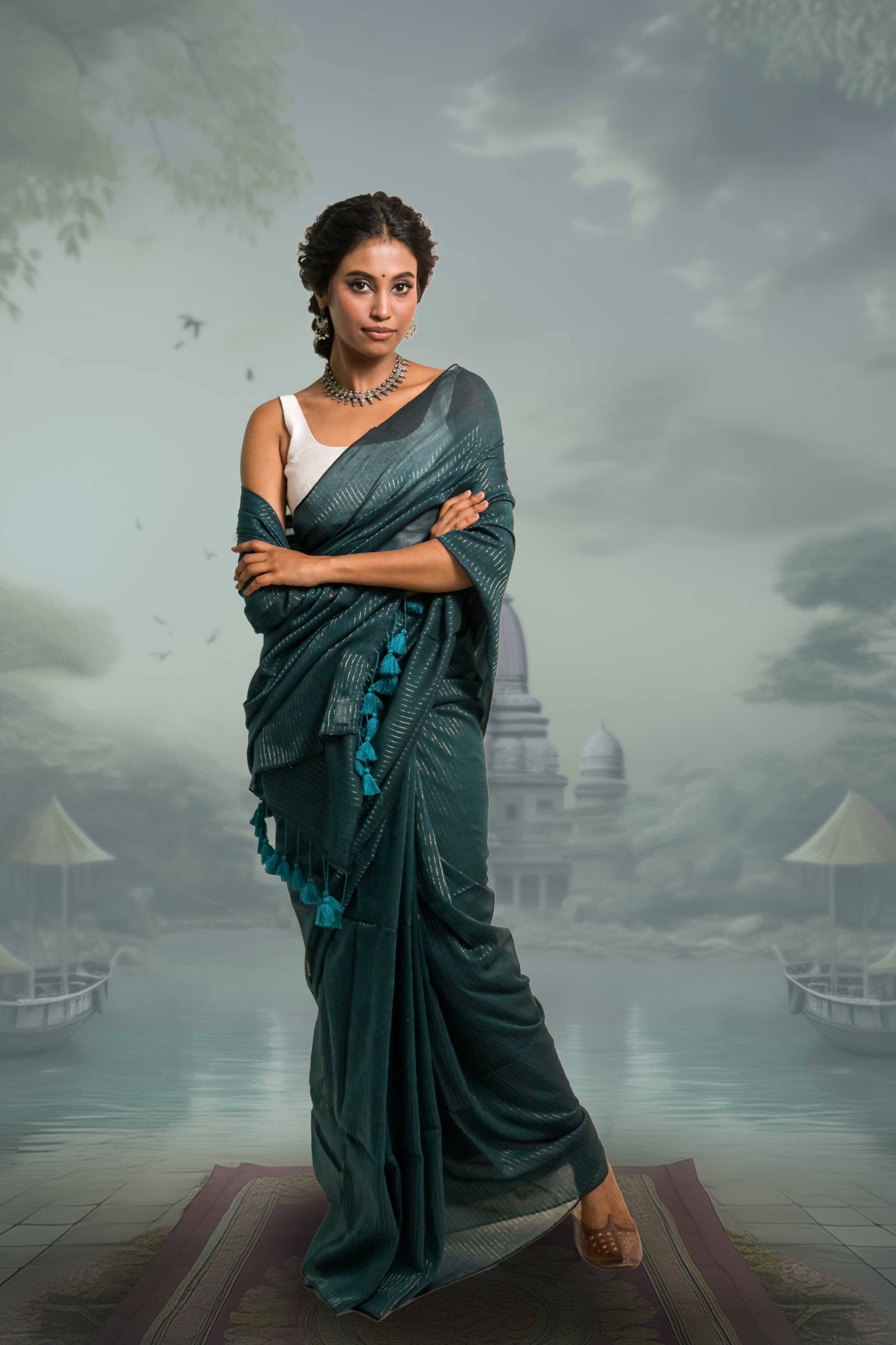 Viridian Green Handloom Mul Cotton Zari Striped Saree With White Silk Sleeveless Blouse Combo(Harit Shringaar+Snowdrop)