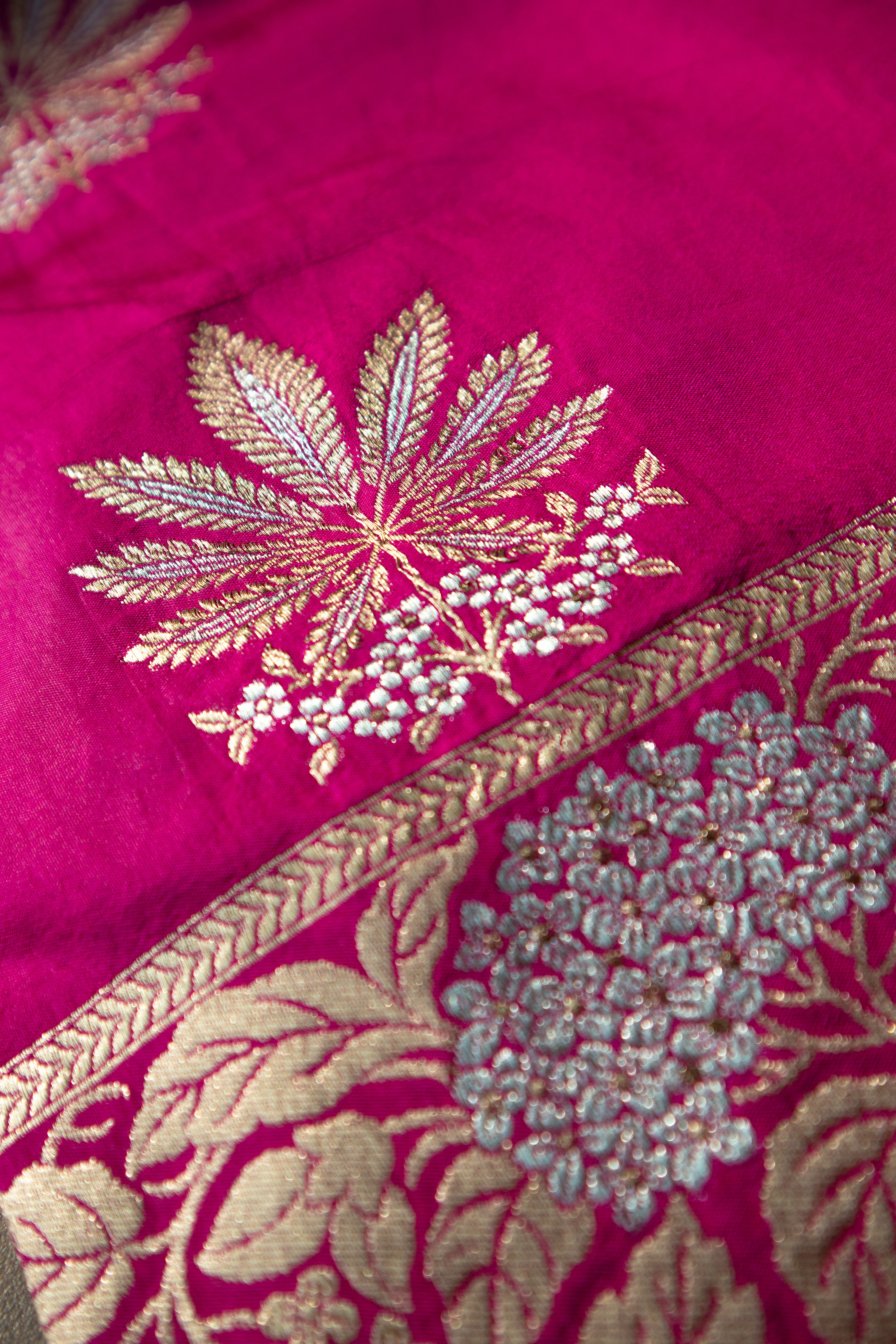 Mridangini I Fuchsia Pink Handwoven Katan Banarasi Saree with Floral Jaal Zari Border and Hemp Butas