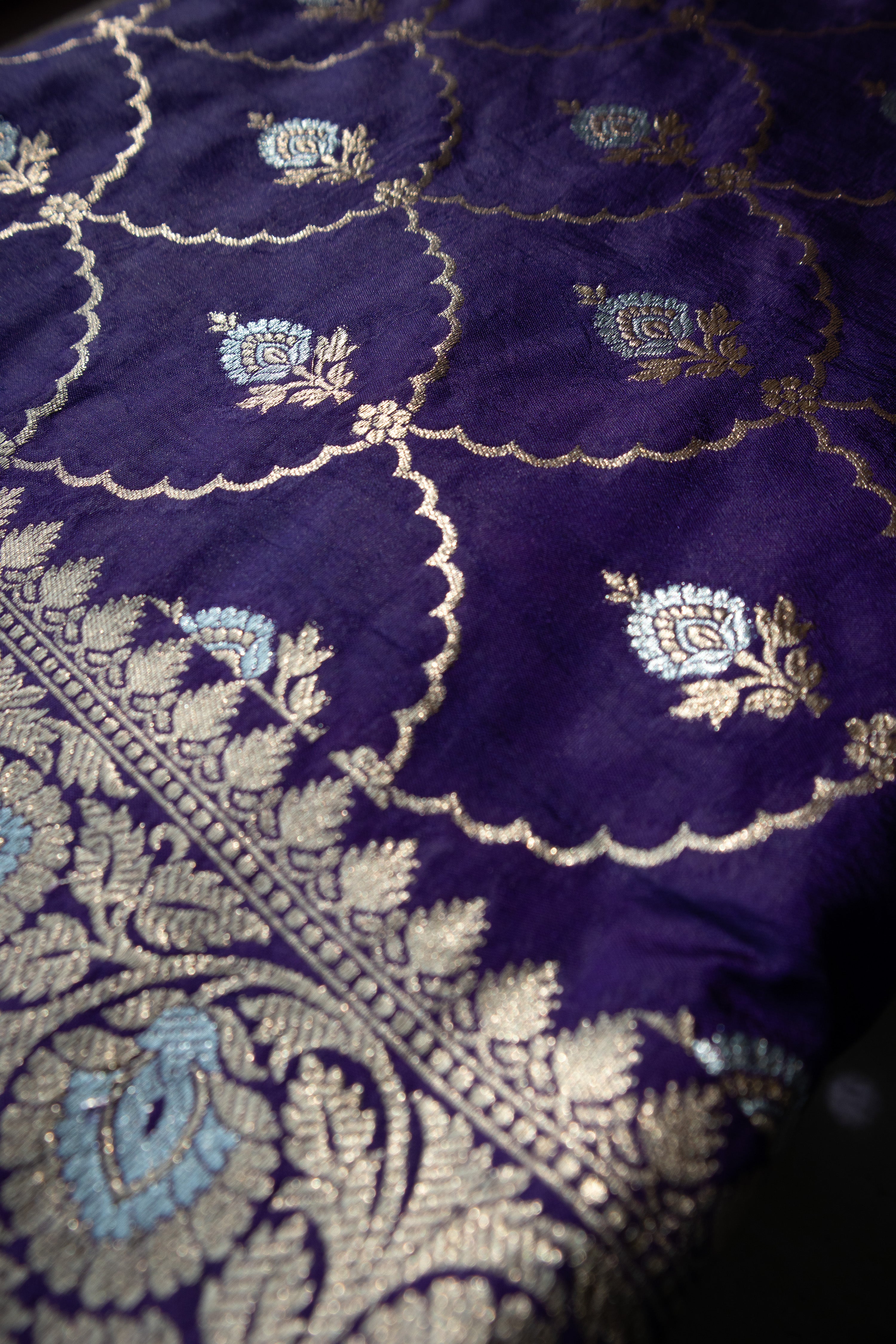 Shishira I Evening Blue Handwoven Katan Banarasi Saree with Jaal Pattern and Floral Border