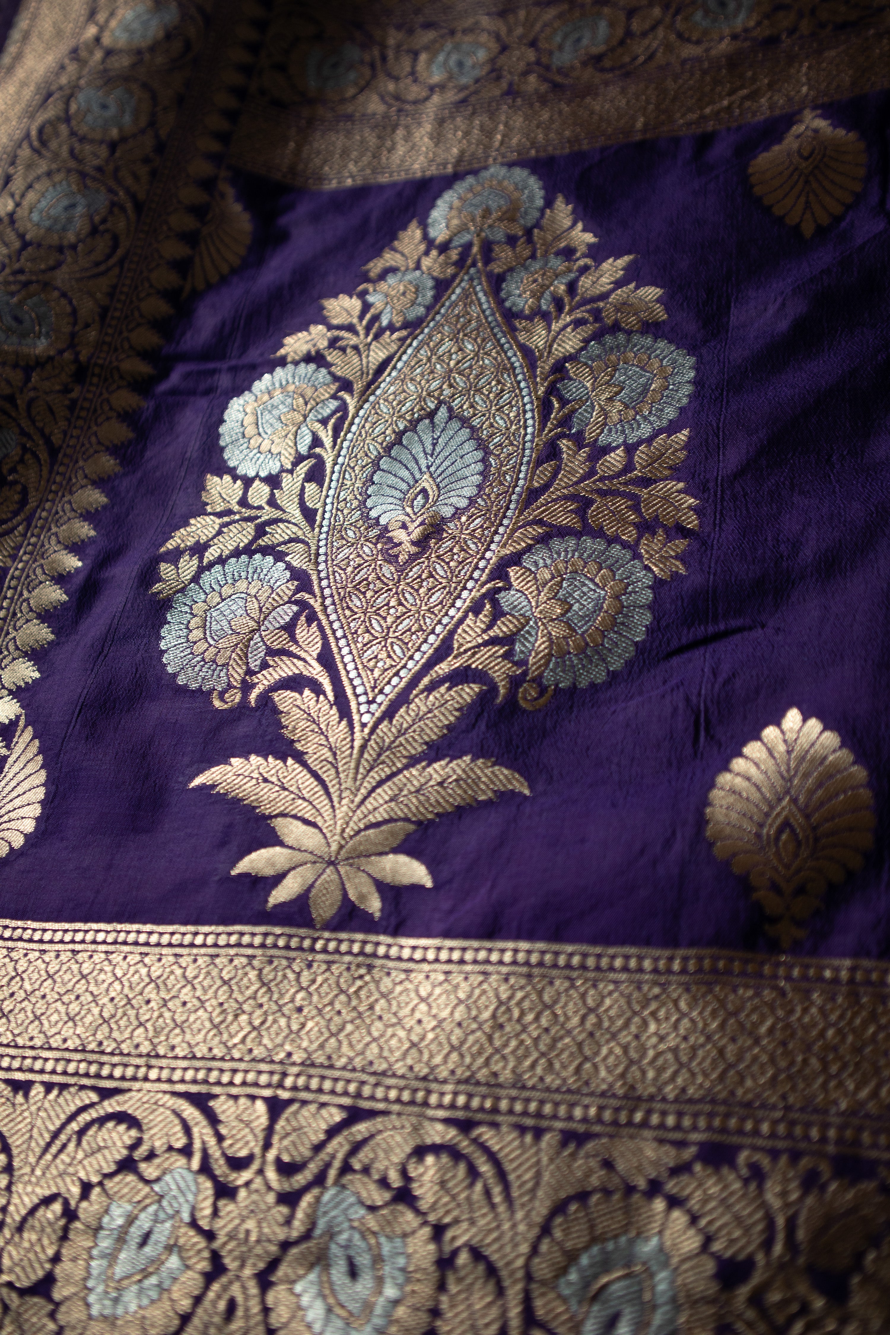 Shishira I Evening Blue Handwoven Katan Banarasi Saree with Jaal Pattern and Floral Border