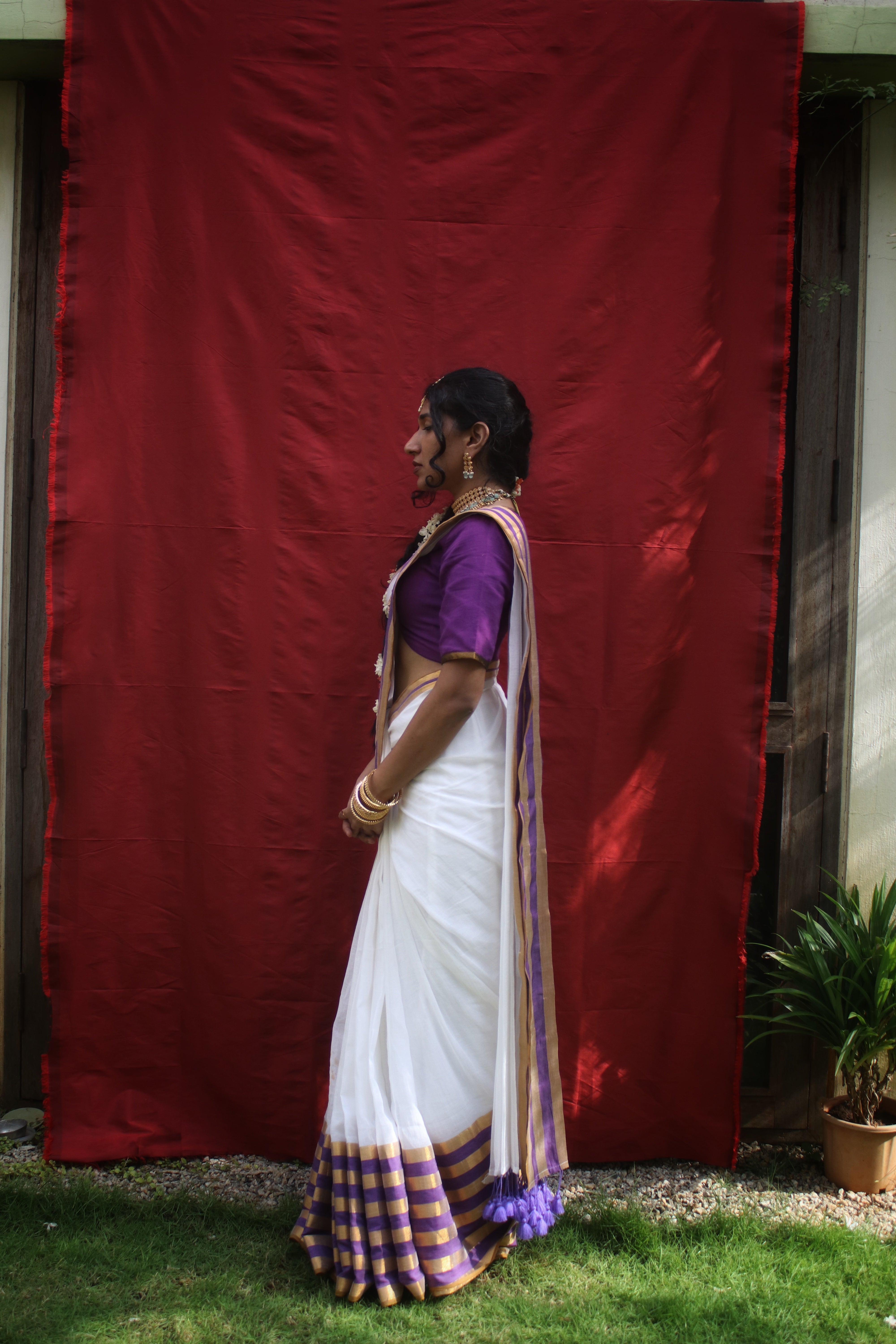 Nirmaya I White Cotton Saree with Purple and Golden Striped Border