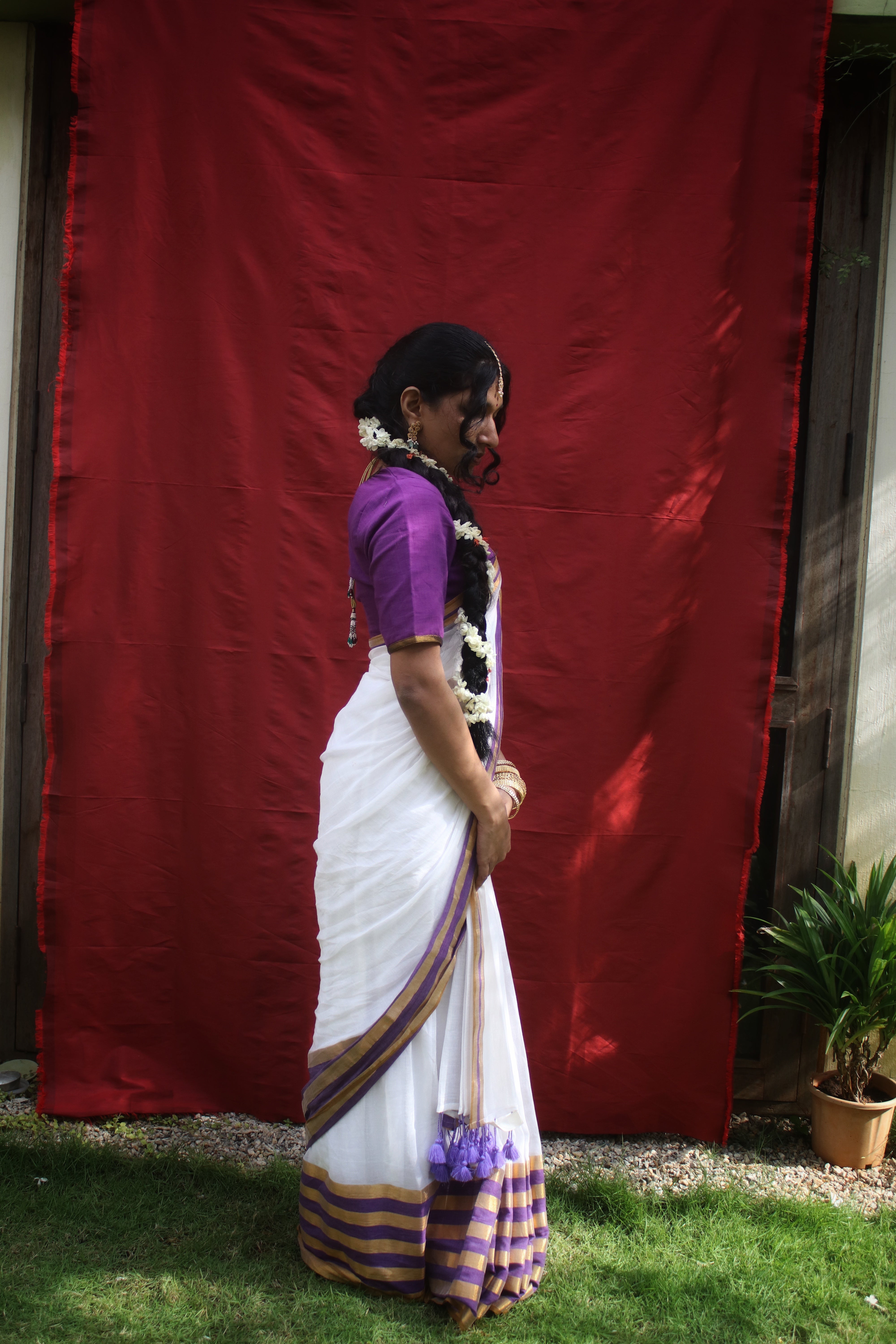 Nirmaya I White Cotton Saree with Purple and Golden Striped Border