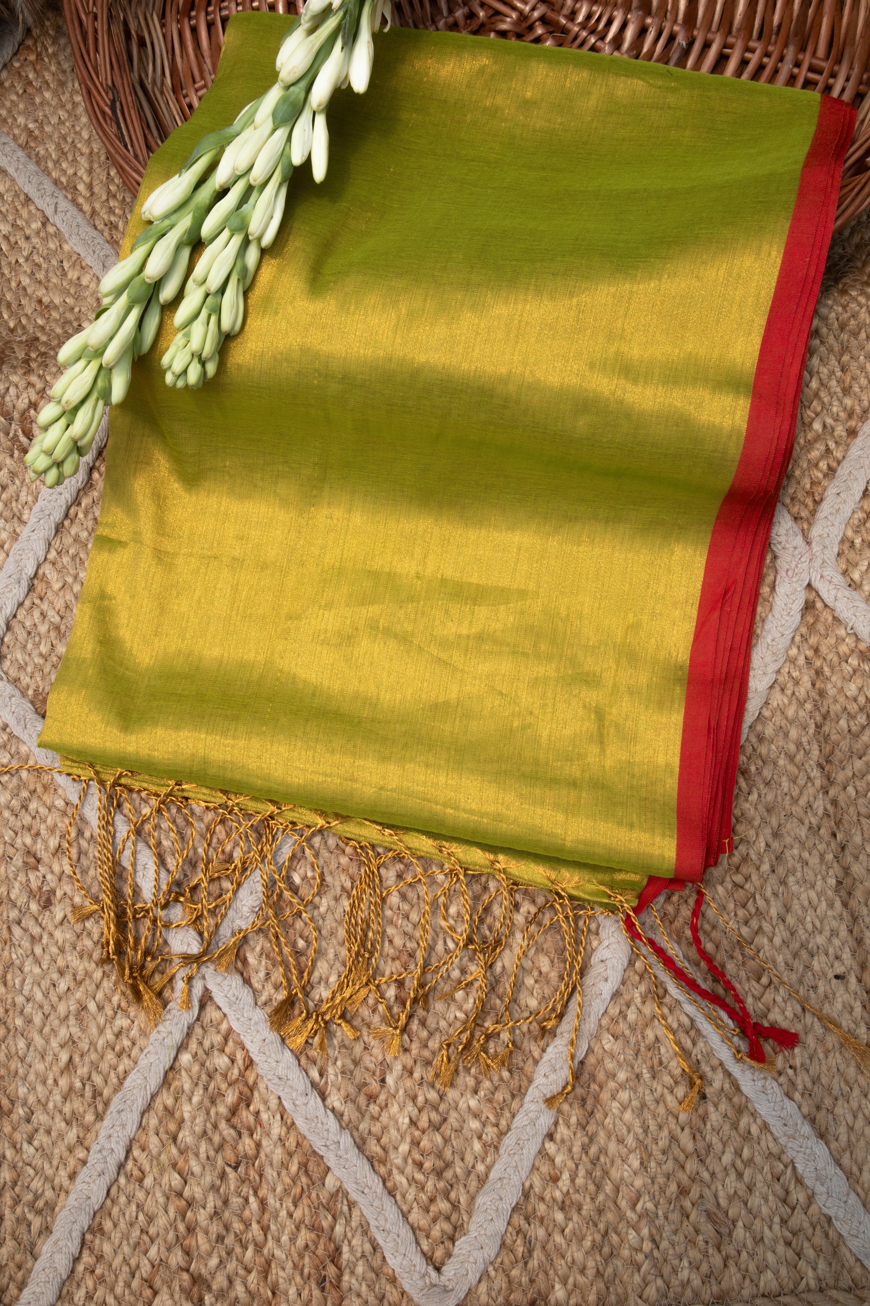Chandrakala I Olive Green Dual Tone Tissue Saree