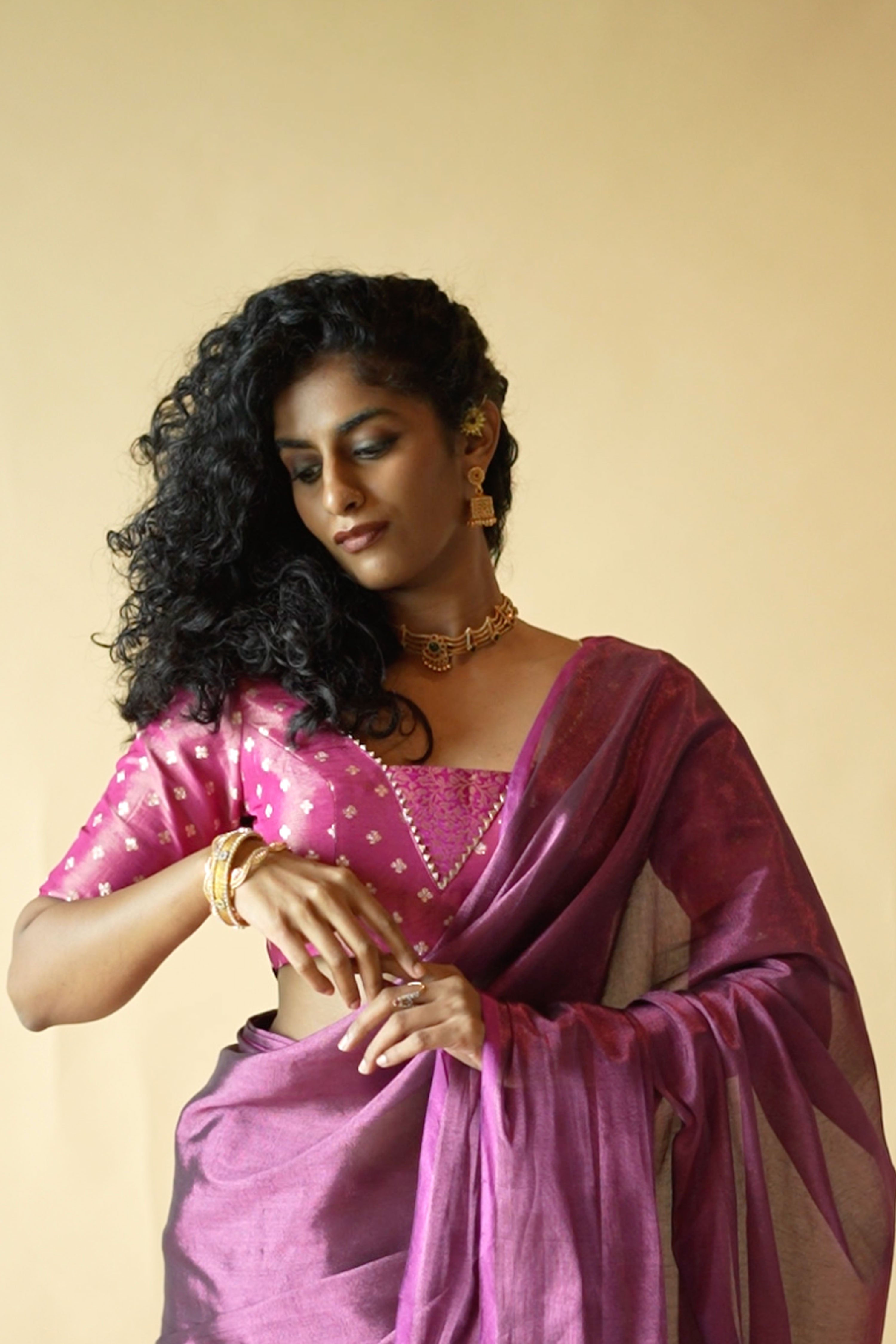 Jyotsna I Purple brocade silk blouse with glass neck