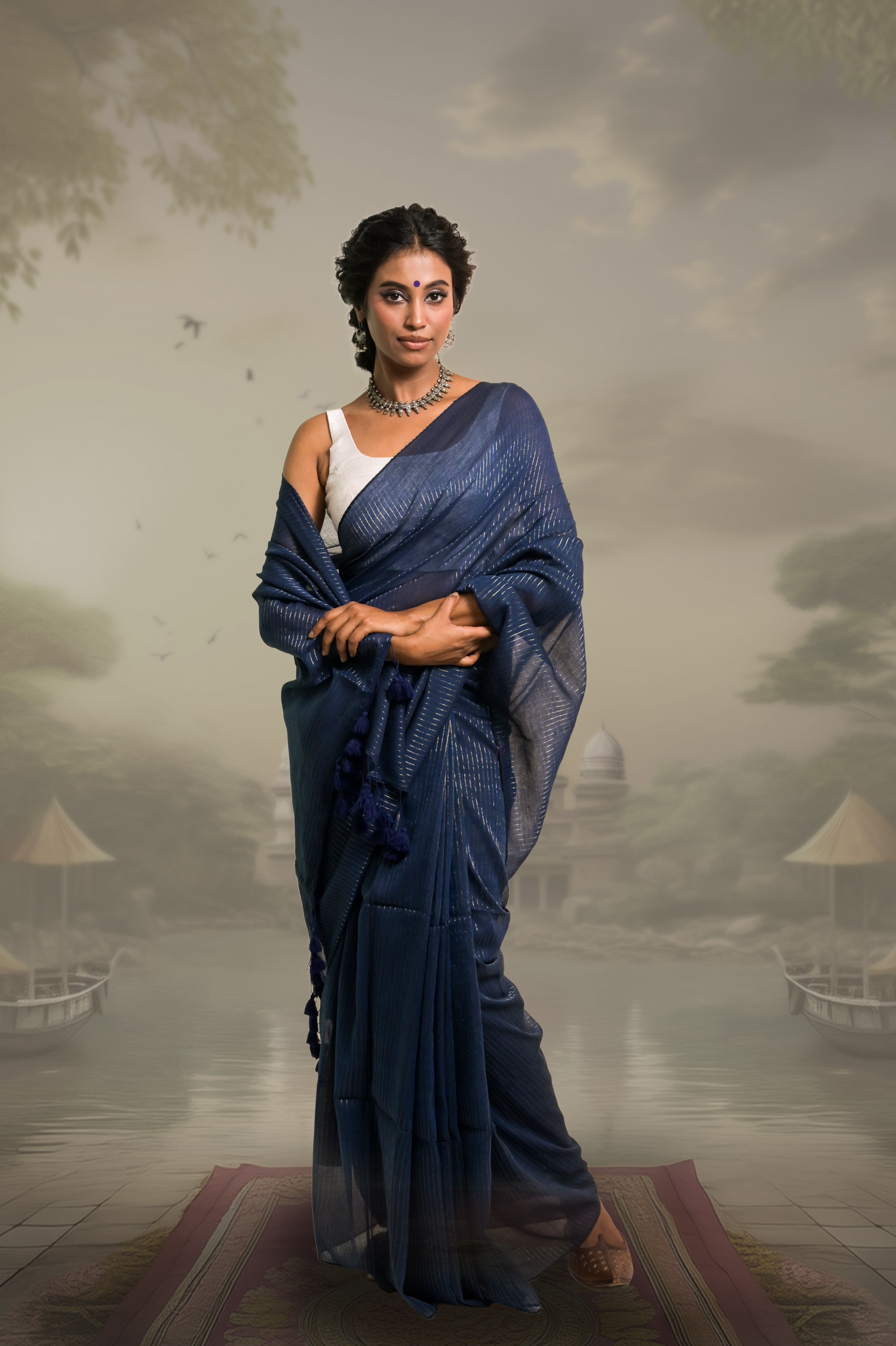 Navy Blue Handloom Mul Cotton Zari Striped Saree With White Silk Sleeveless Blouse Combo(Jal Tarang+Snowdrop)