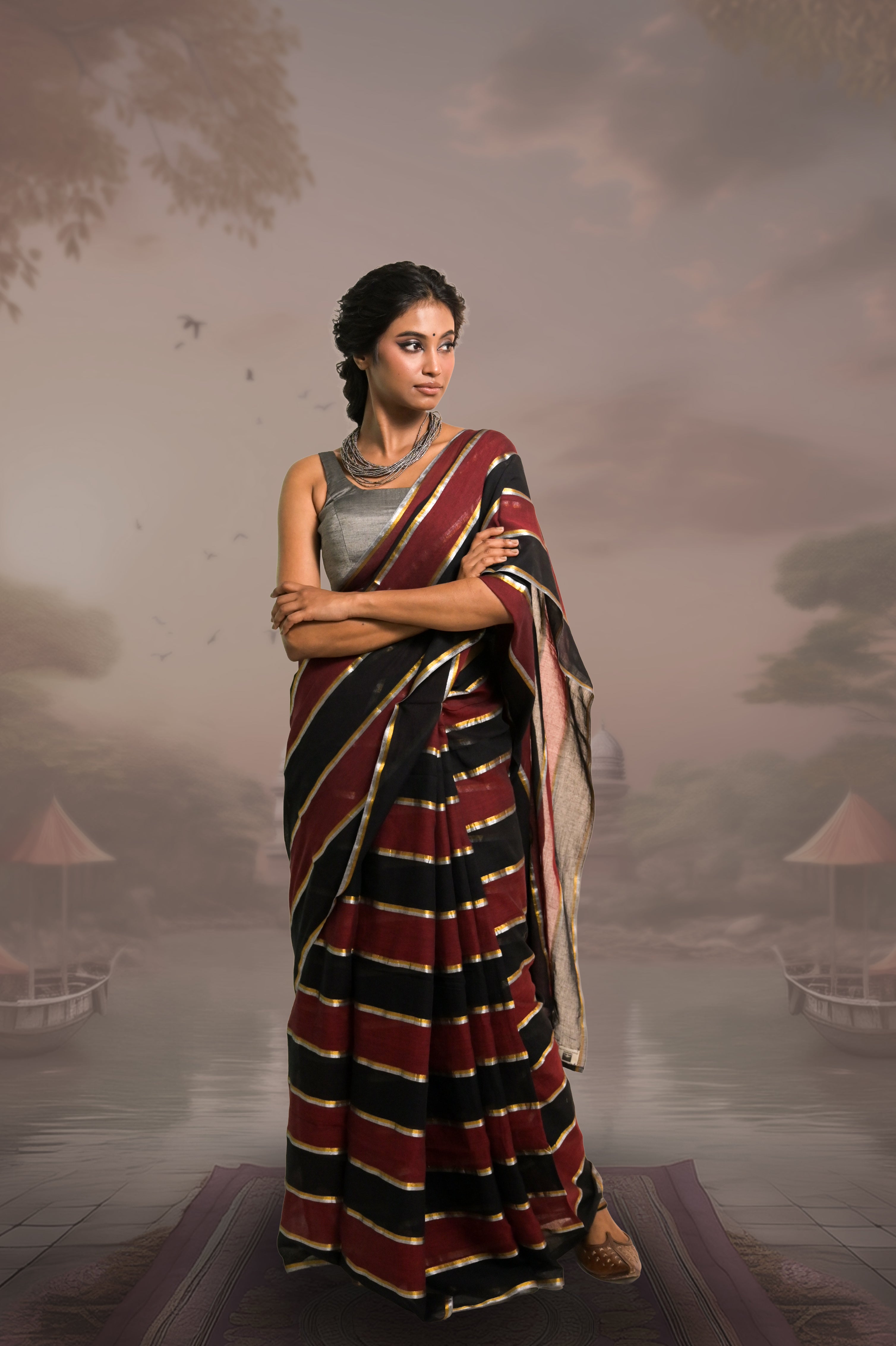 maroon-black-cotton-satree-with-golden-silver-stripes