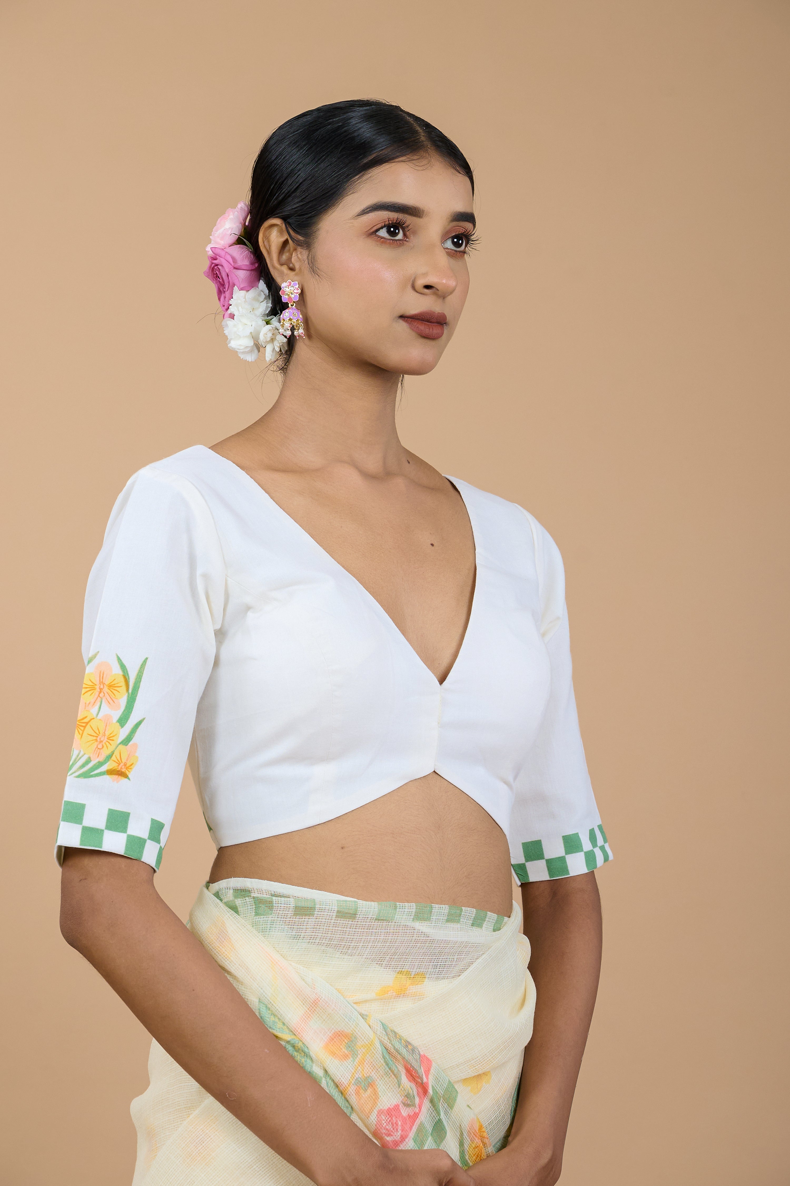 Bela I White Handloom Cotton Floral Printed Designer Blouse